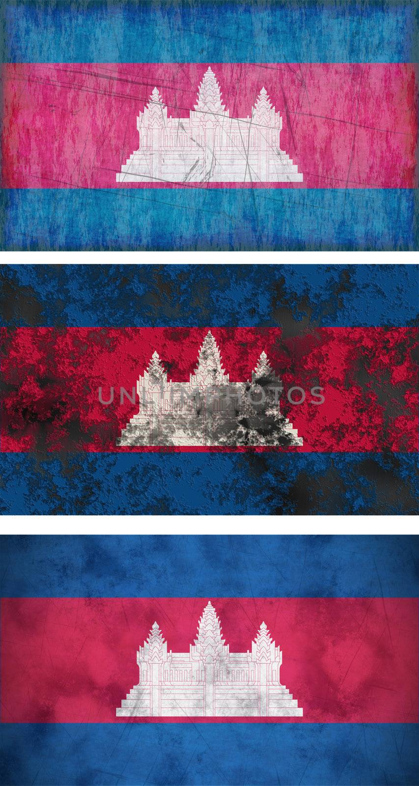 Great Image of three grunge flags  of Cambodia