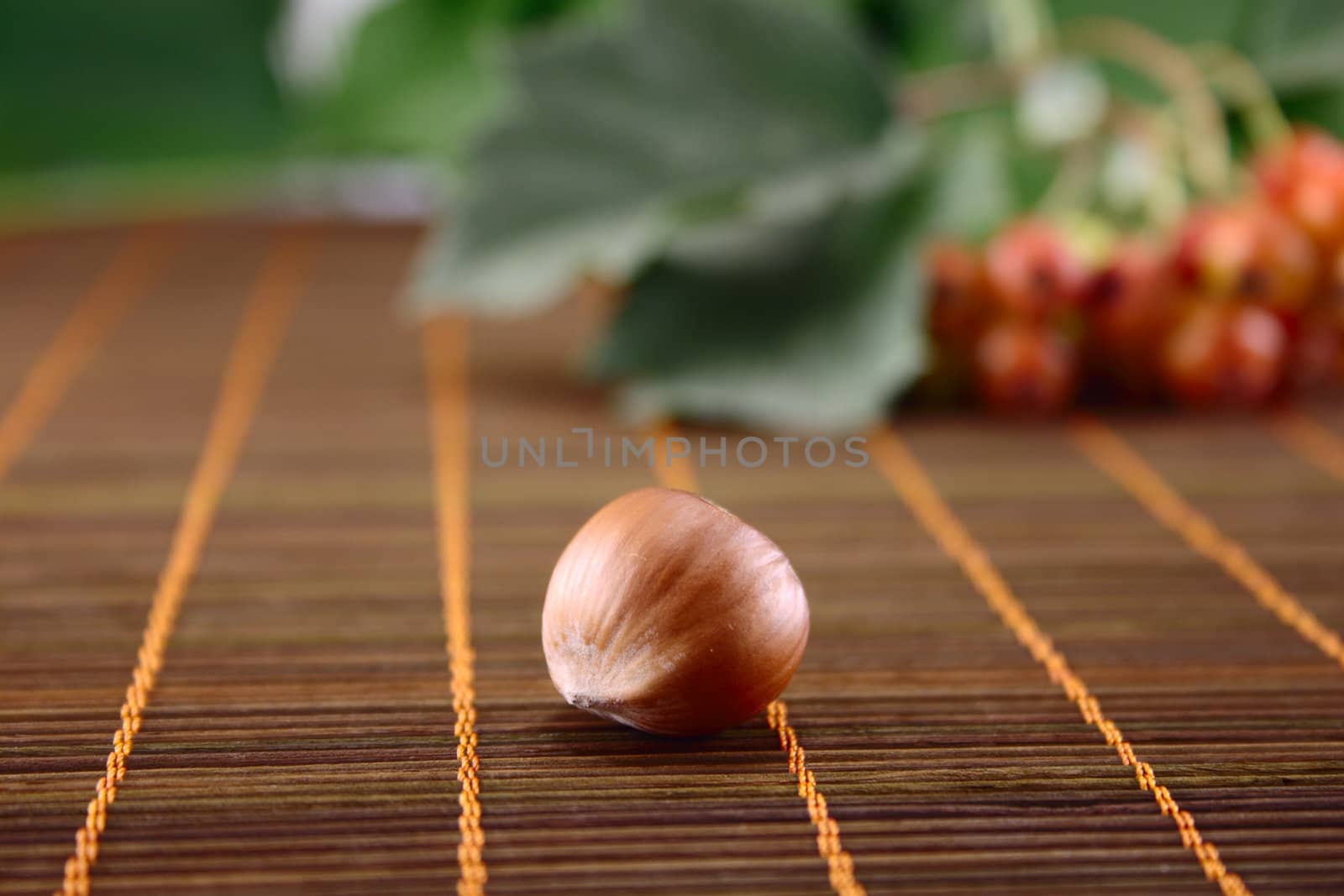Wood nut on a wooden napkin with fruit