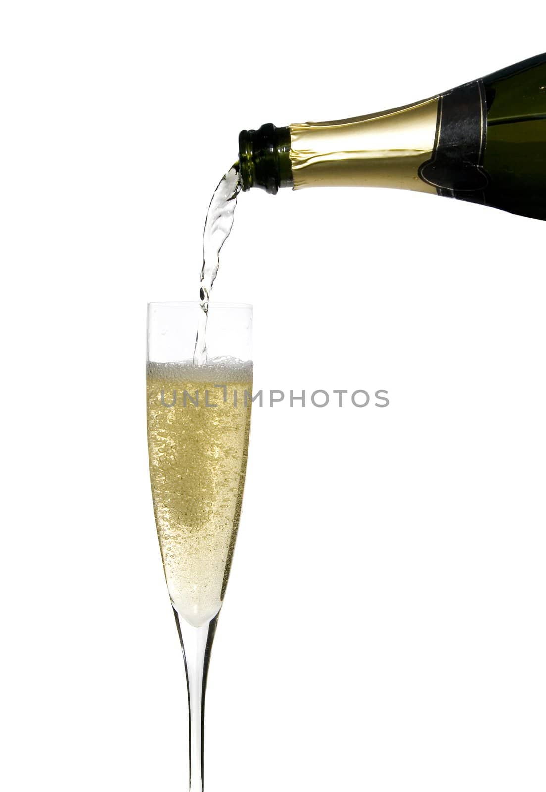 filling a glass cup with champagne wine isolated on withe background