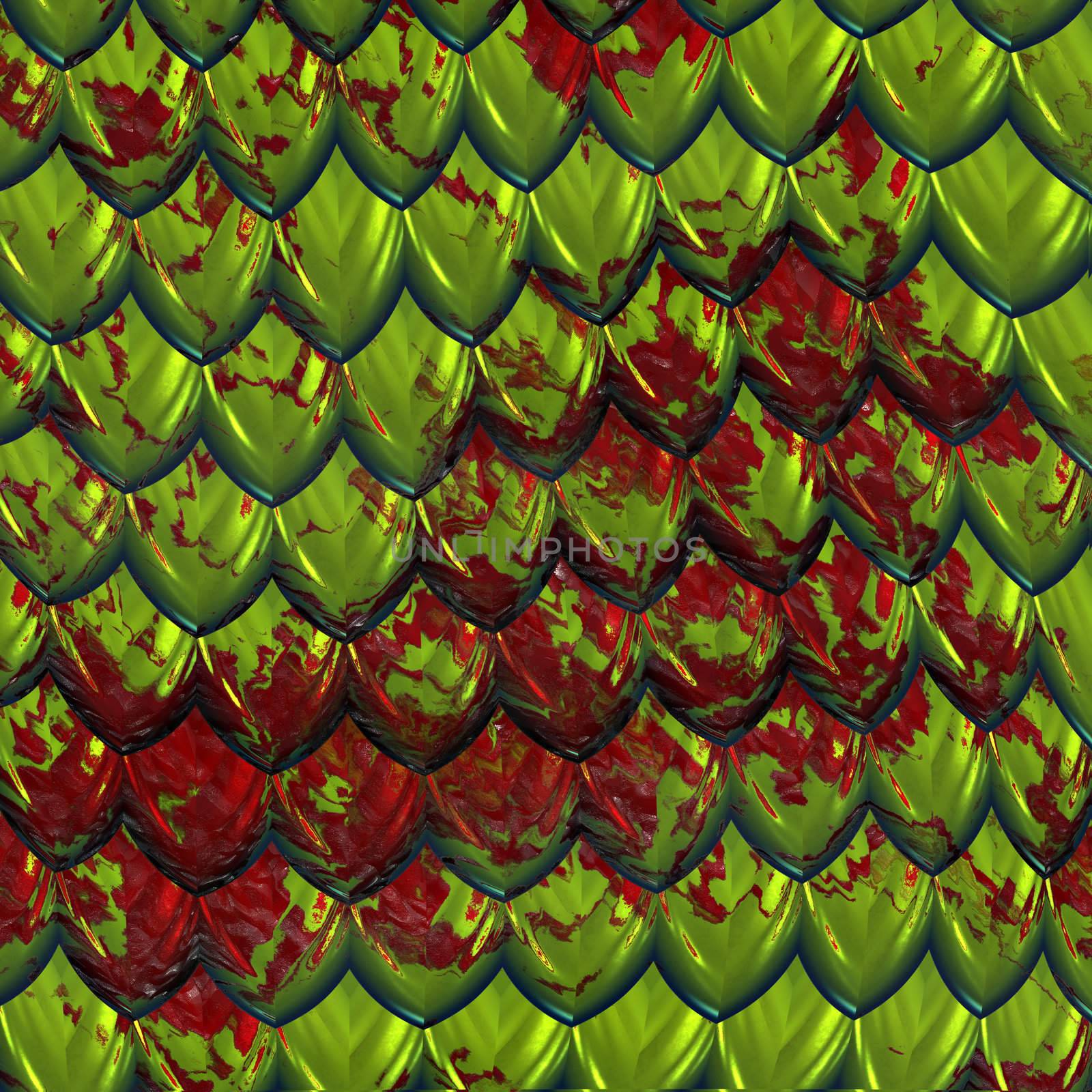 a large image of green shiny dragon scales or hide splashed with red blood