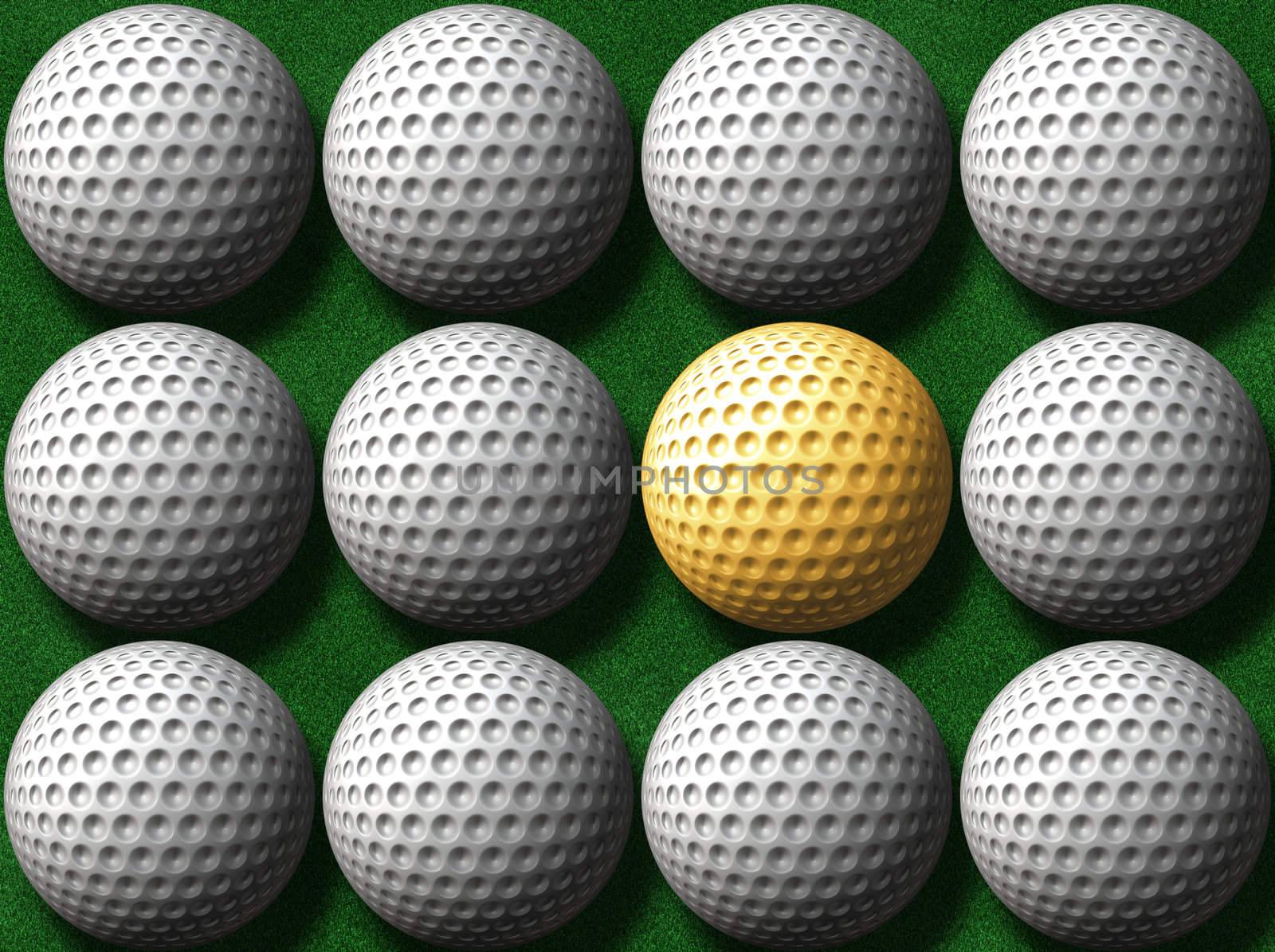 a dozen golf balls one of which is gold 