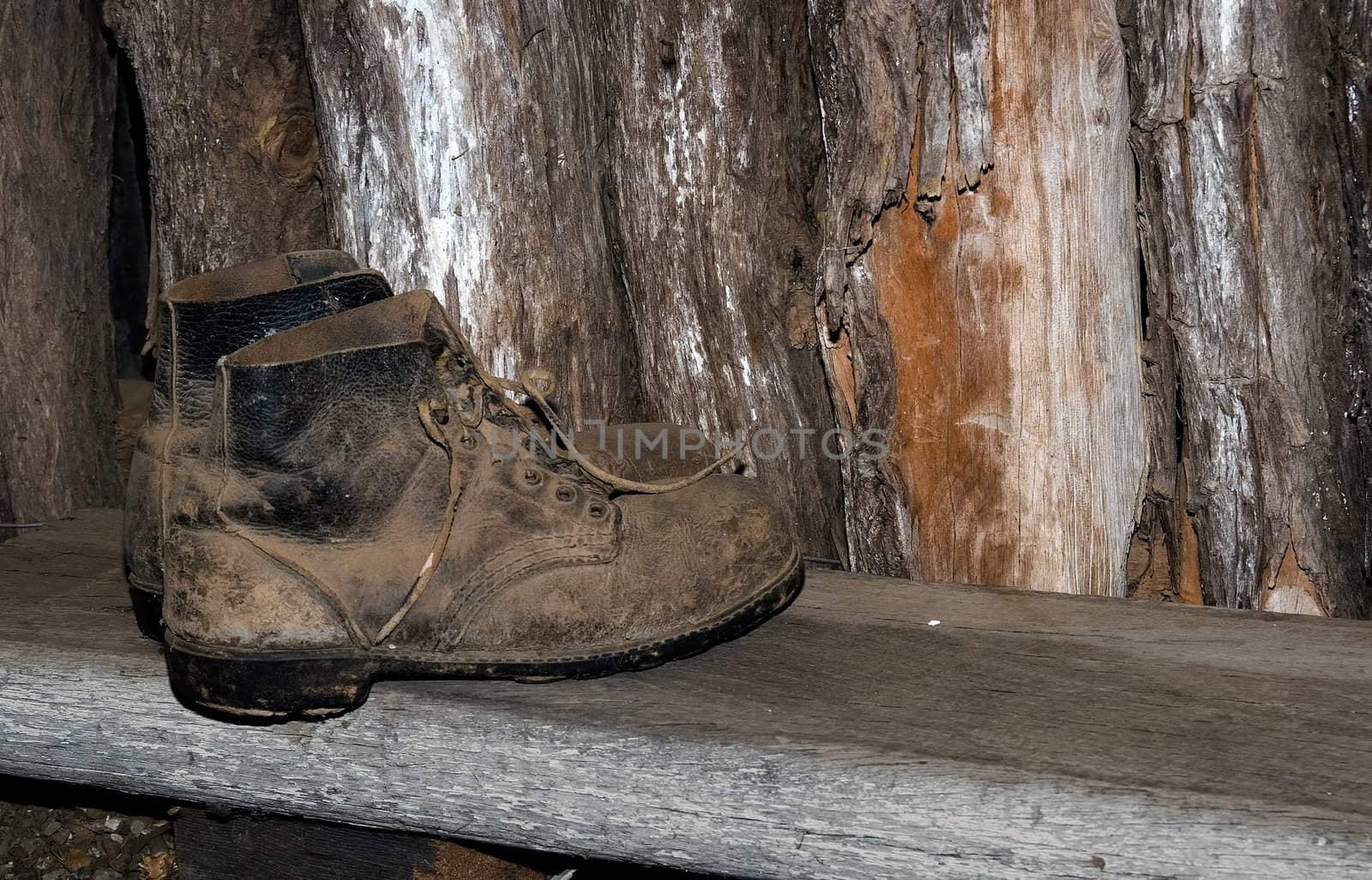 old muddy farmers boots on wooden step in front of the log cabin wall