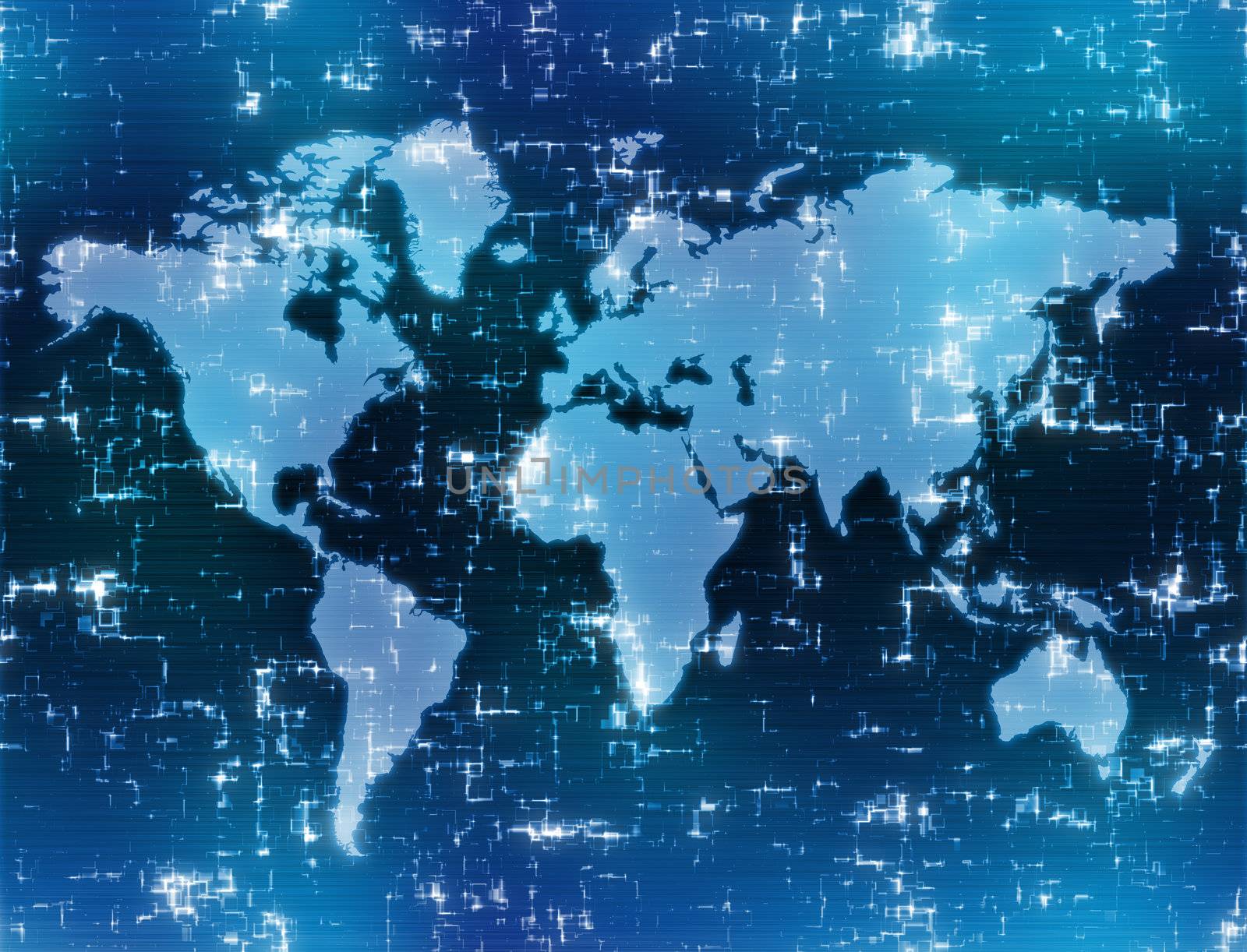 world map background image on high tech blue display 