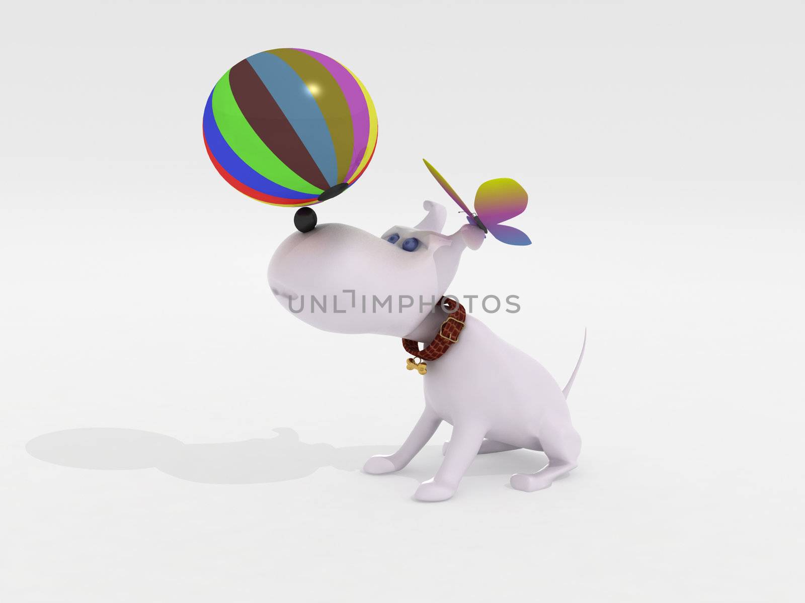 Dog, ball and butterfly on a white background