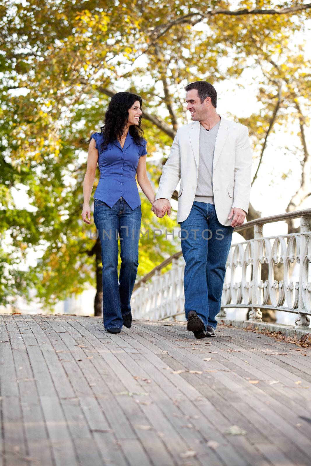 A couple walking on a bridge in a park