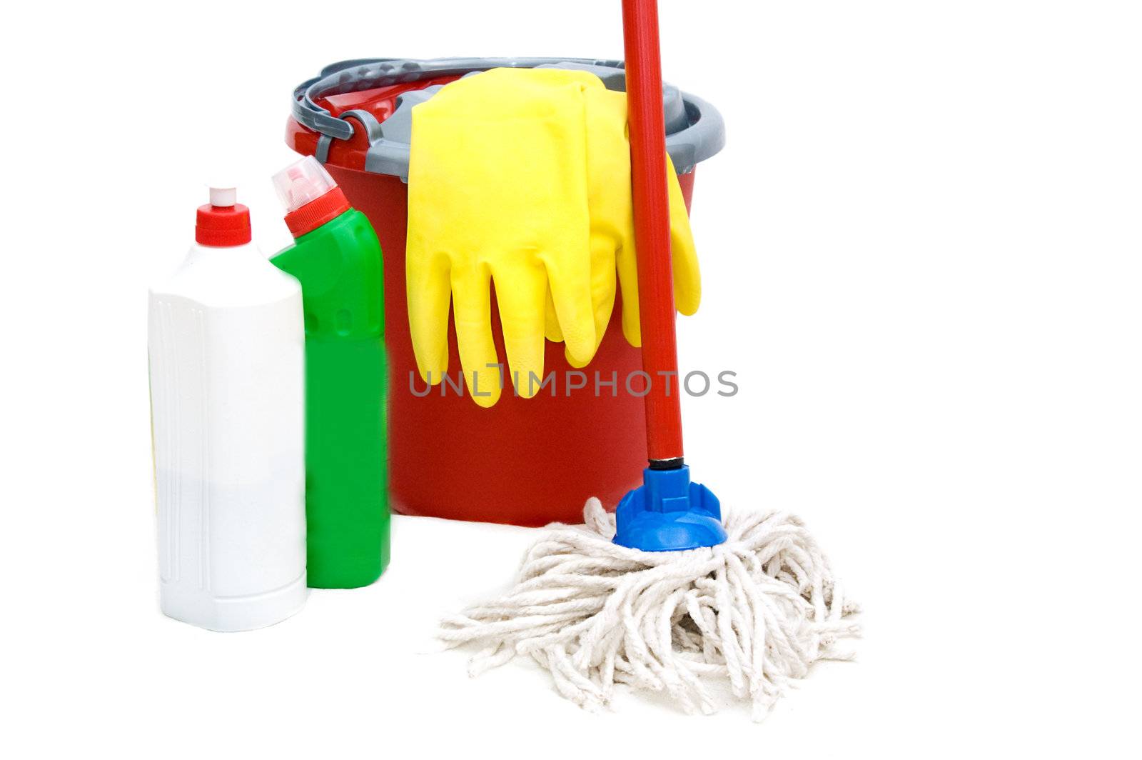 Cleaning tools with bucket, mops over white