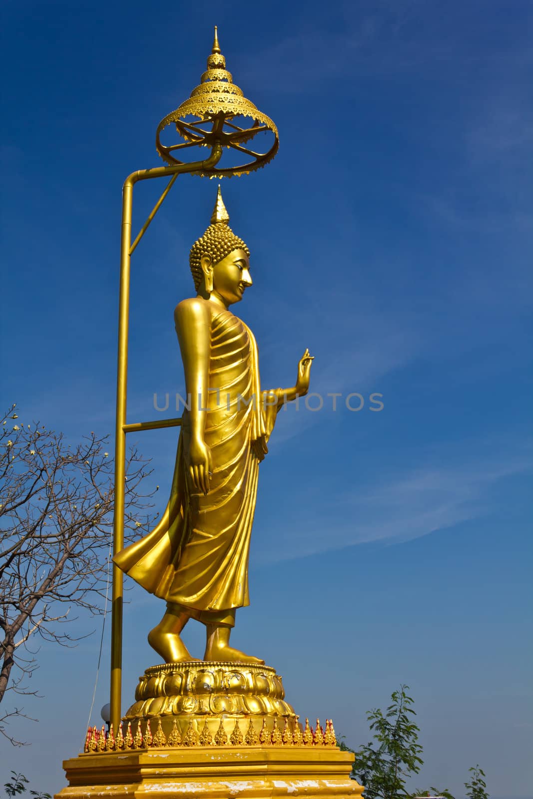 Golden buddha image with blue sky in Thailand