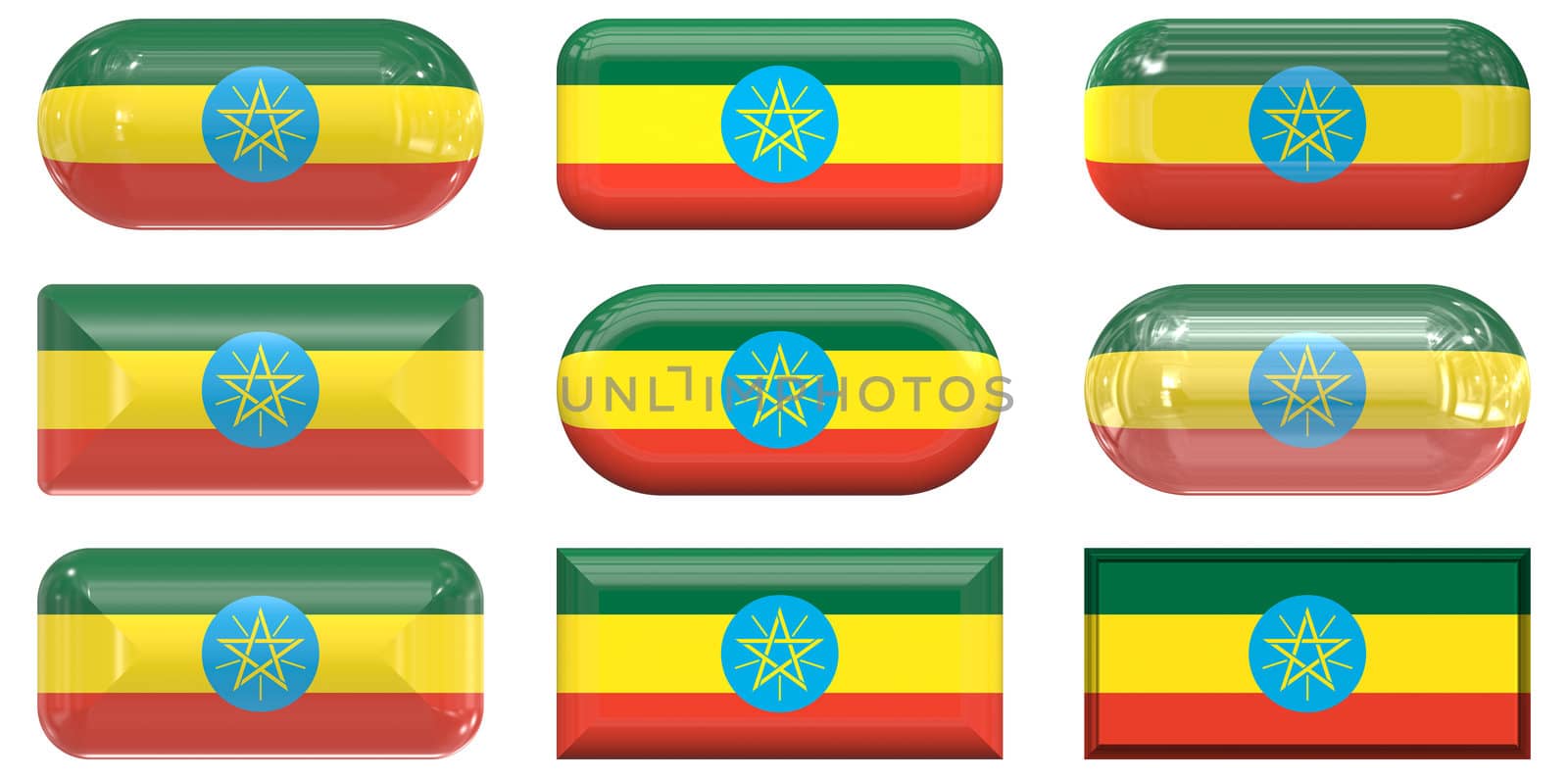 nine glass buttons of the Flag of Ethopia by clearviewstock
