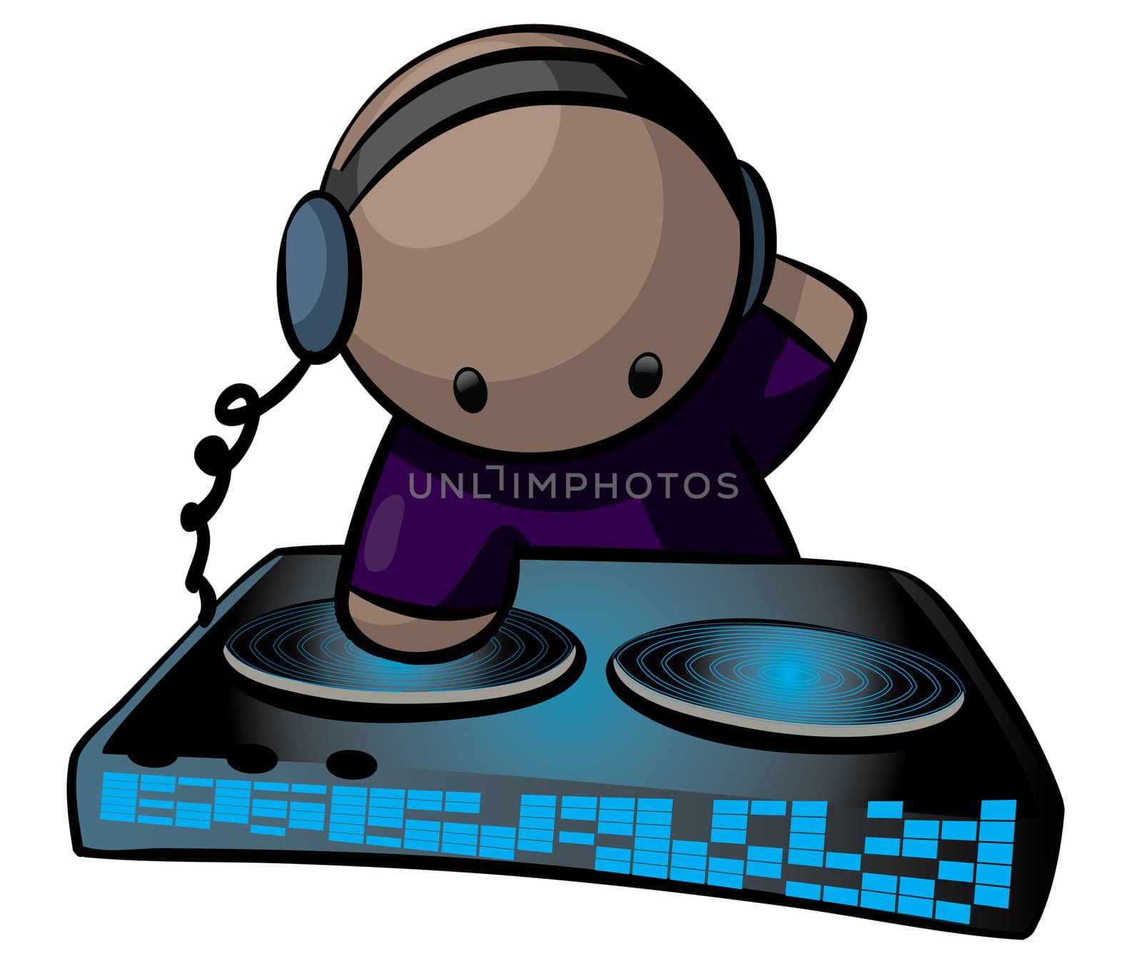 A DJ music artist using a turn table, jamming to a tune. 