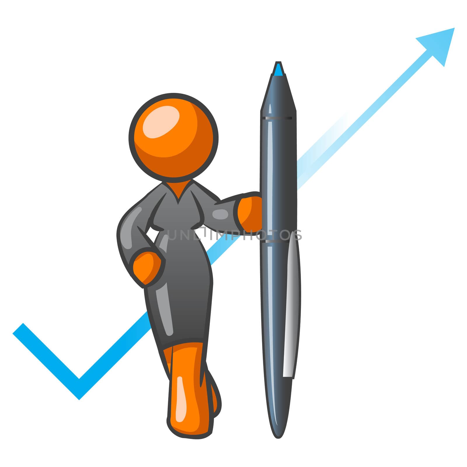 An orange woman holding a pen with a check mark behind her, a possible concept in accounting or planning. 