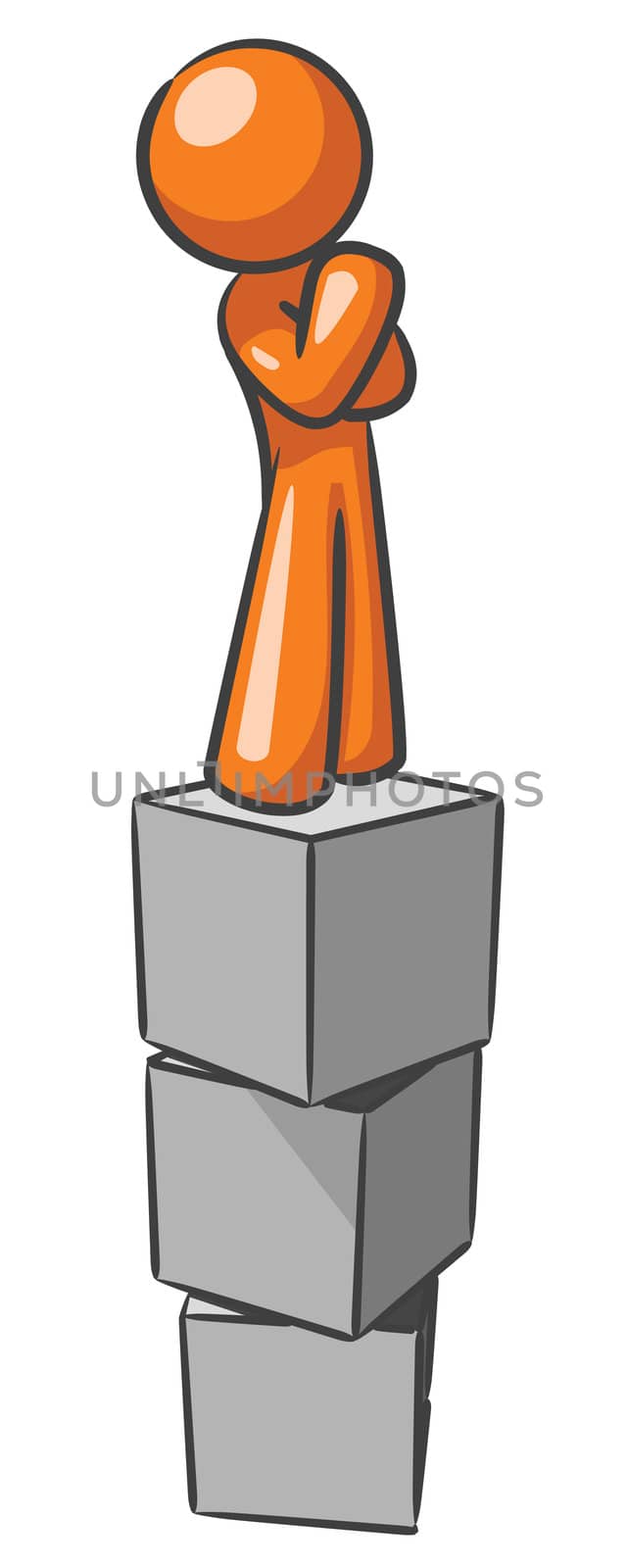 A design mascot standing on blocks, thinking.