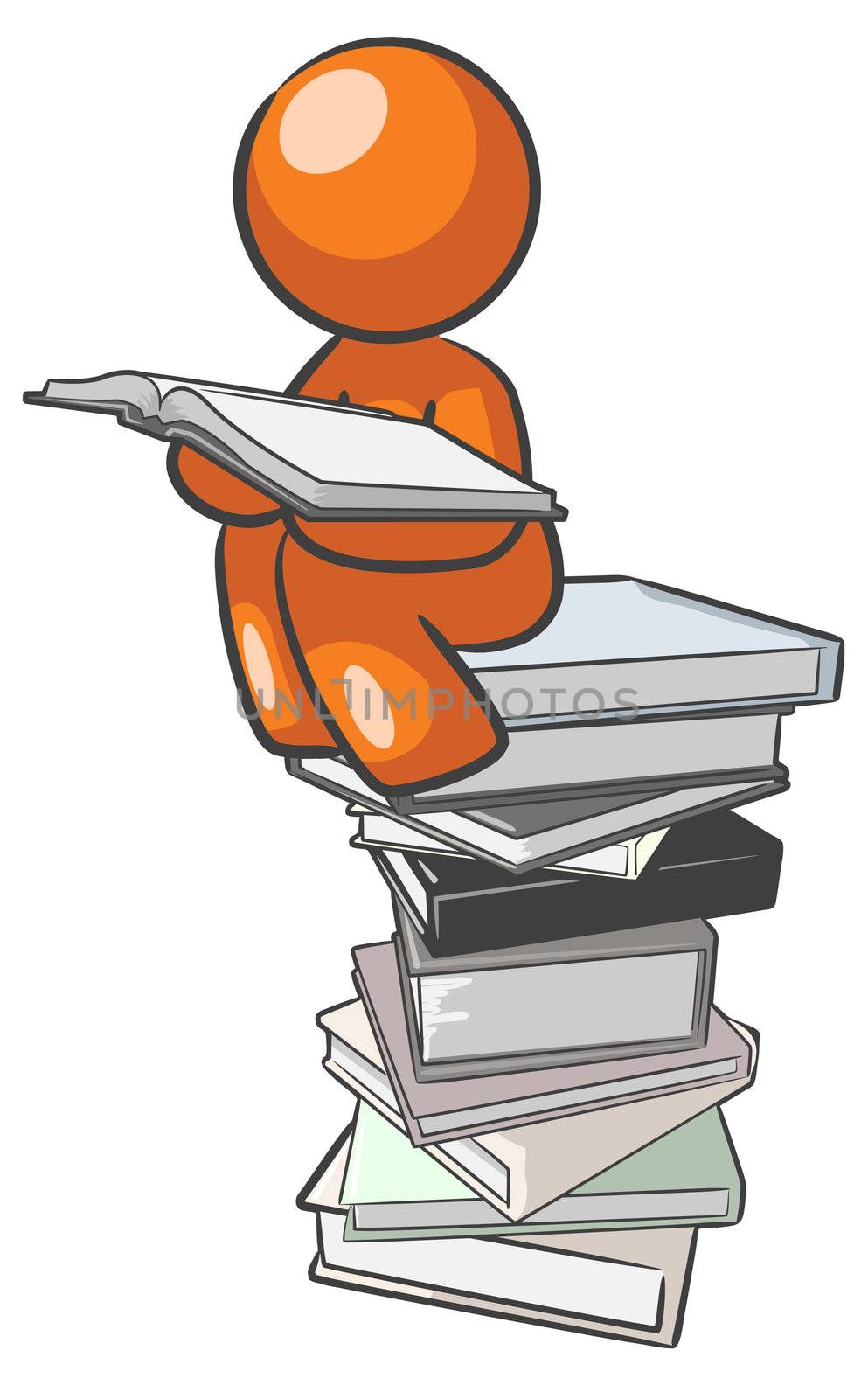 A design mascot sitting on books educating himself.