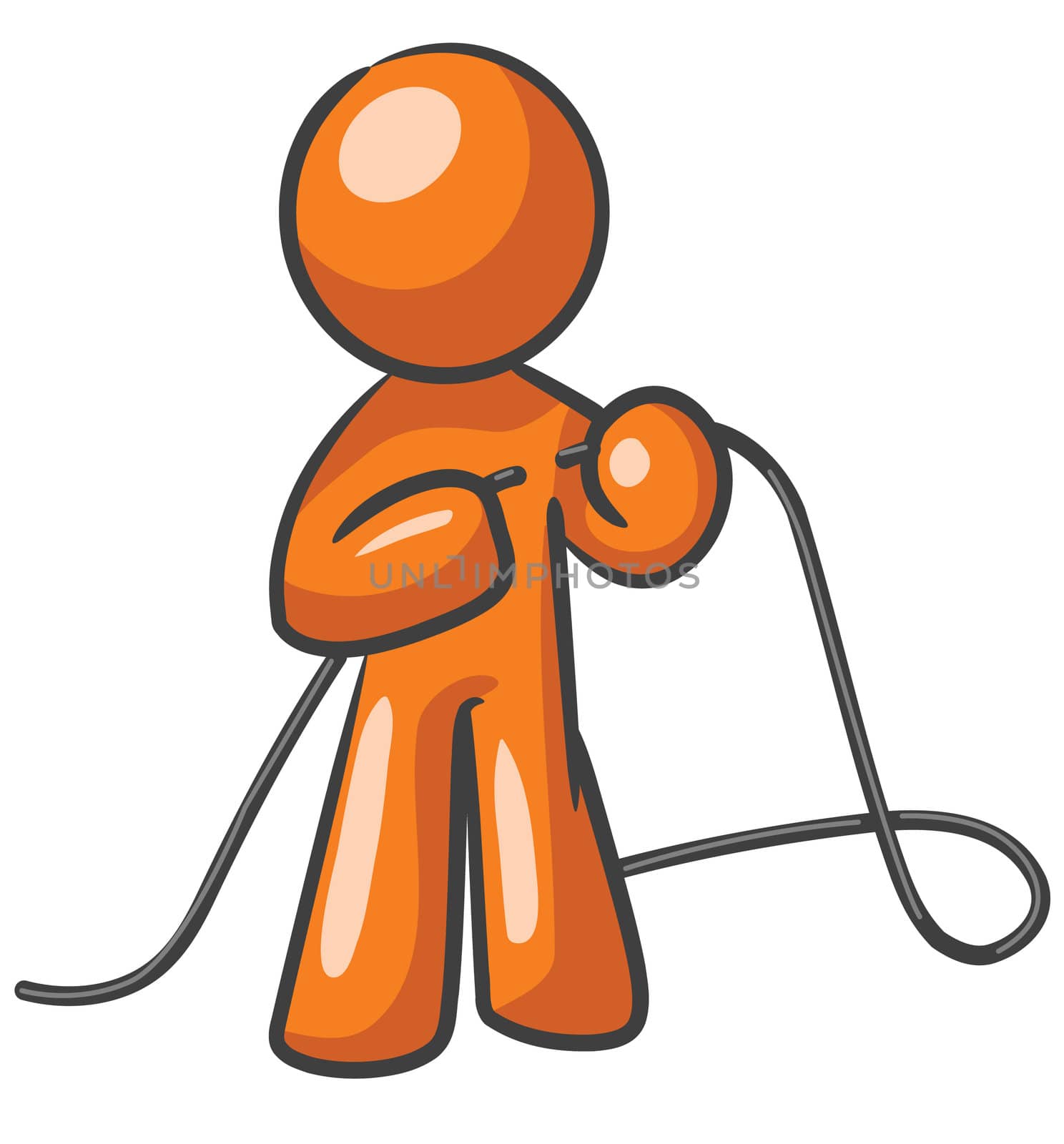 A design mascot fixing a cord, or "tying up loose ends".