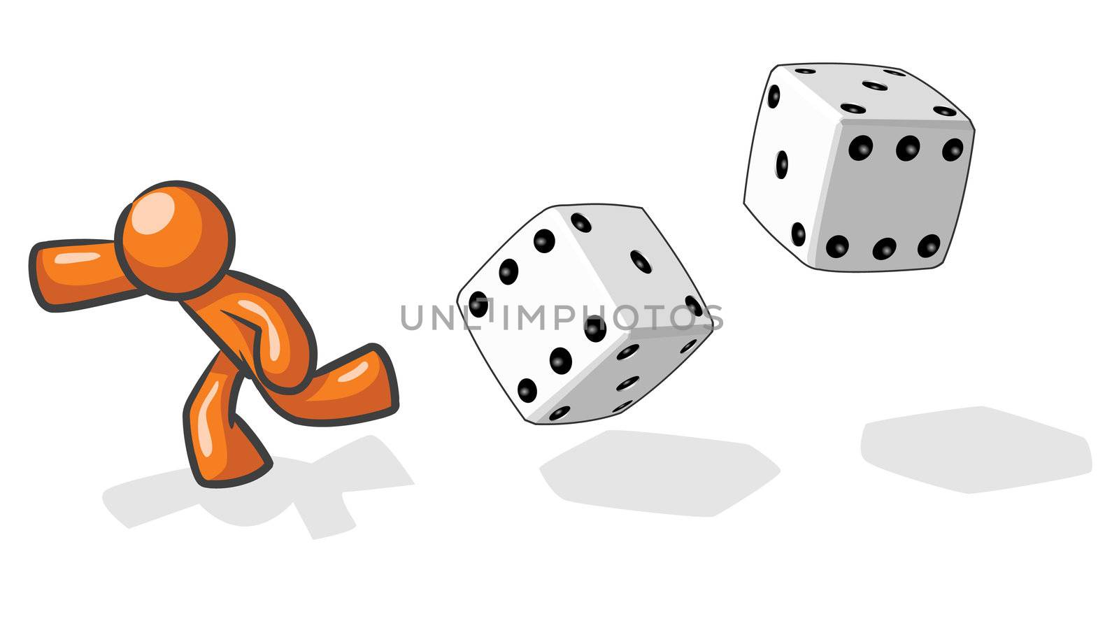 A design mascot running from giant dice, based on the saying "victim of chance".