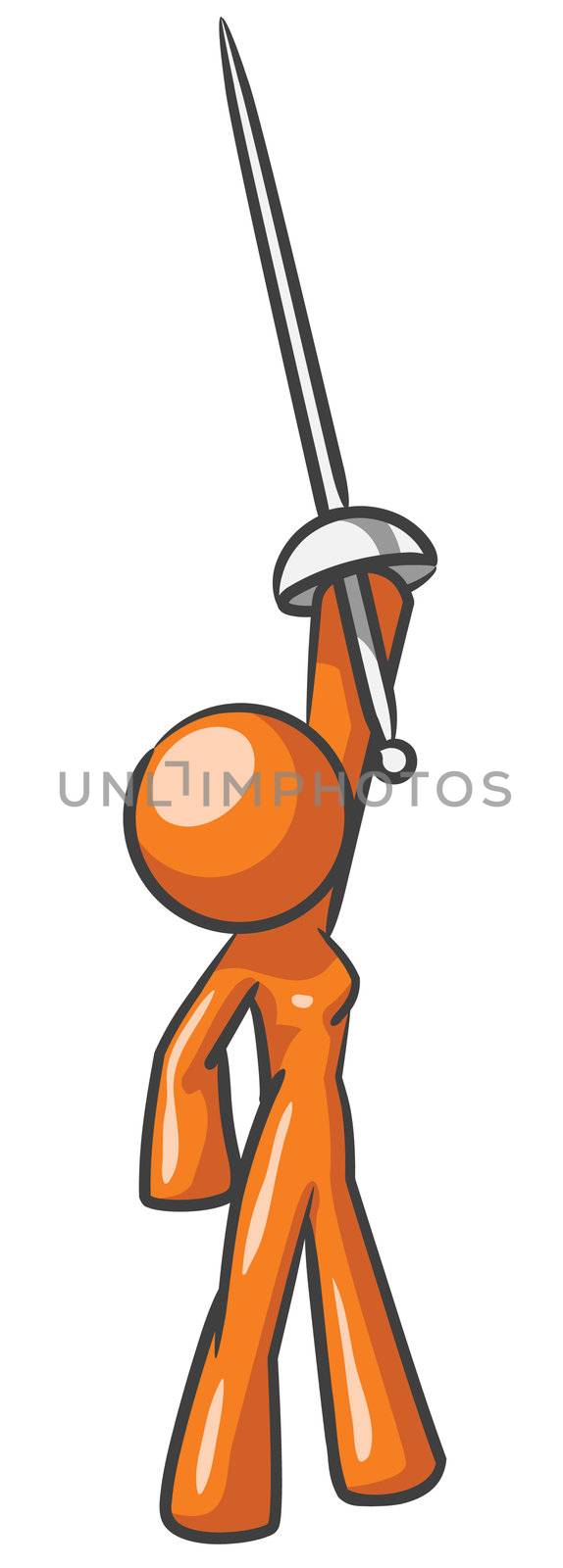 A design mascot woman holding a sword.