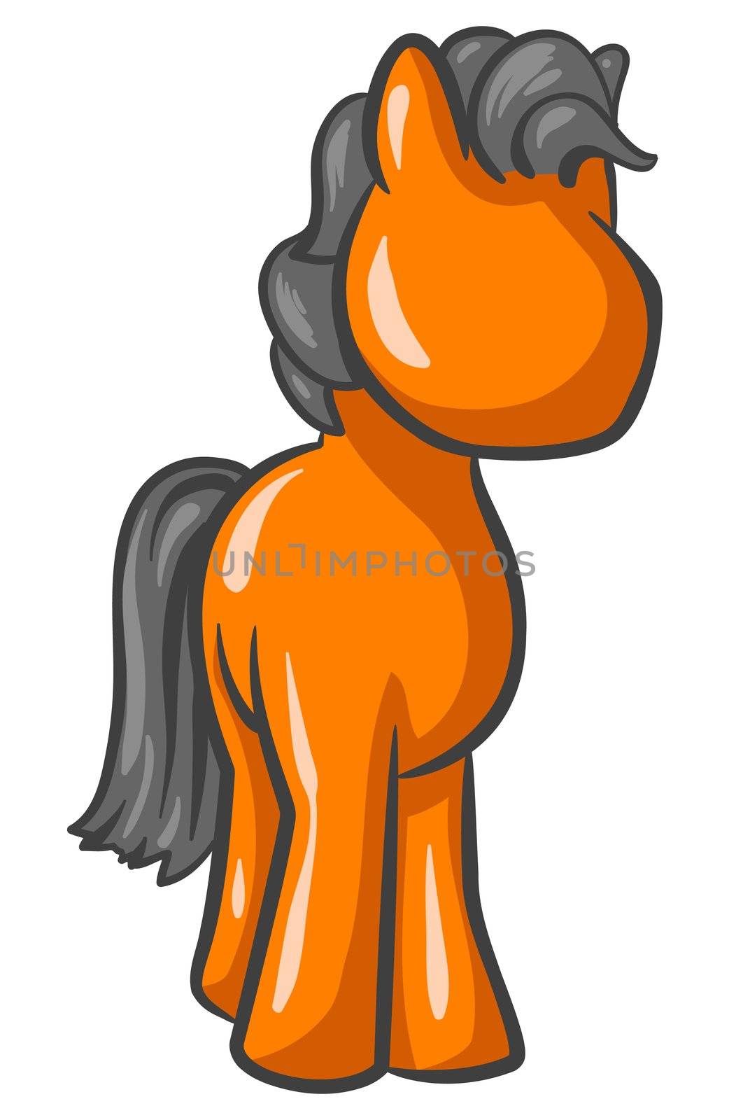 An orange horse, standing up, looking cute, and looking to the right. 