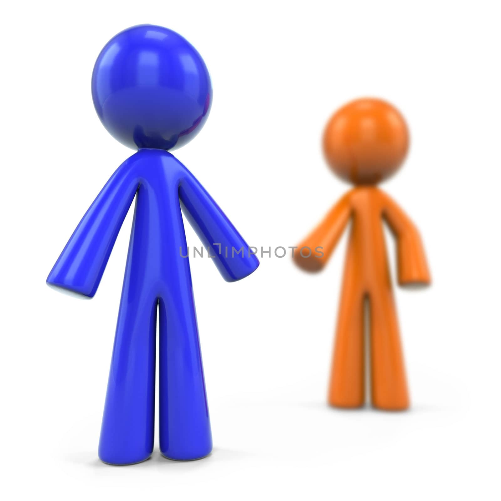 An orange and a blue man. The orange man is set back with DOF. Versatile Illustration. 