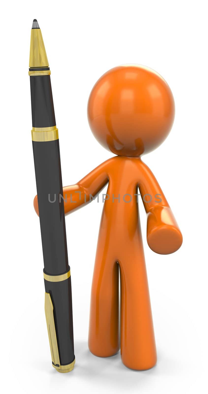 3D Orange Man Standing Upright With Ball Point Pen by LeoBlanchette