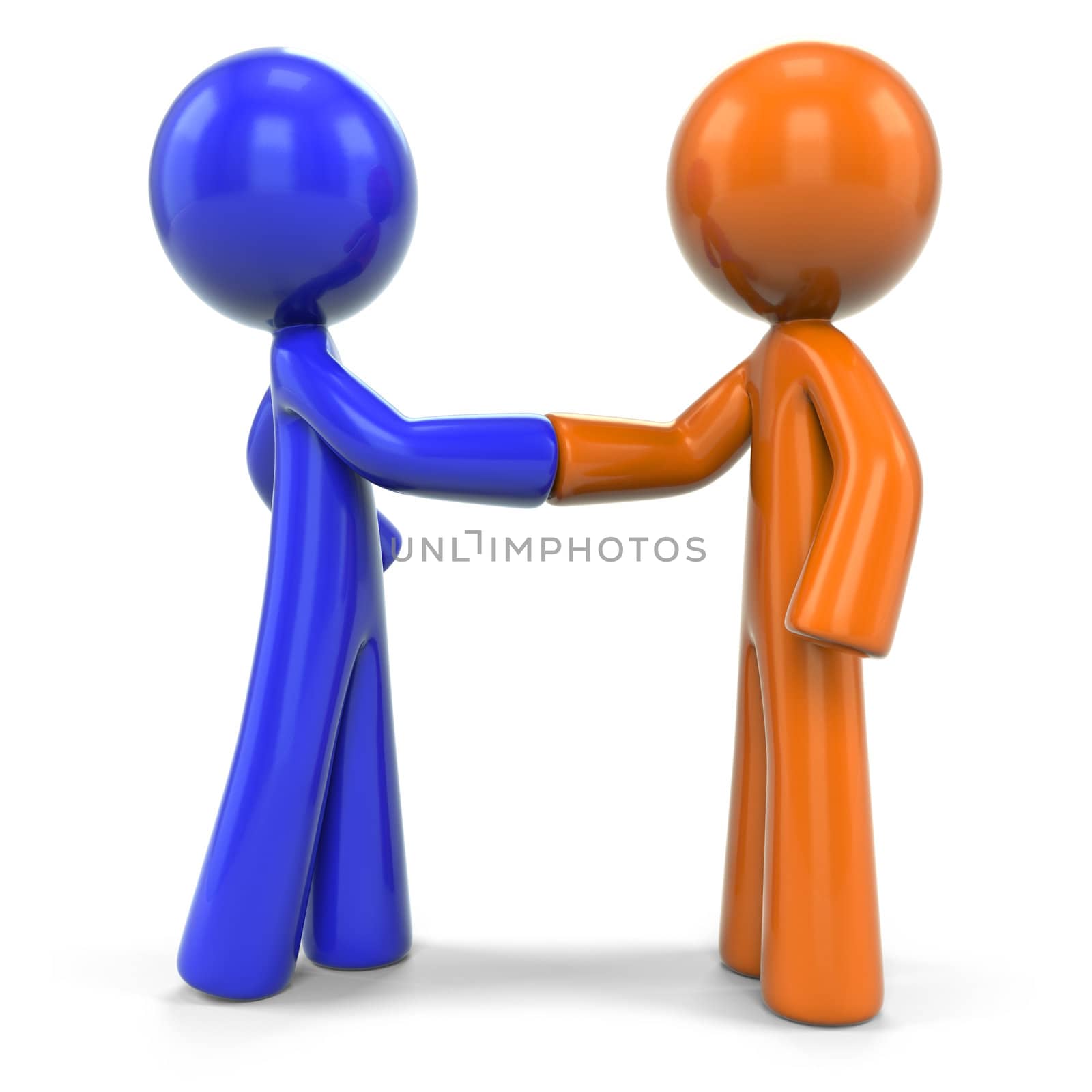 An orange and blue men shaking hands, suggesting they are coming together for a solution.