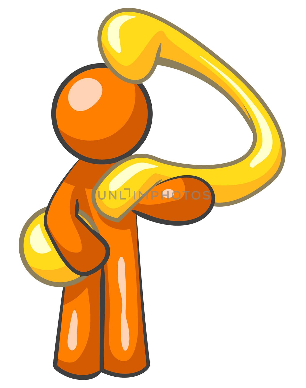 An orange man holding a large gold question mark.