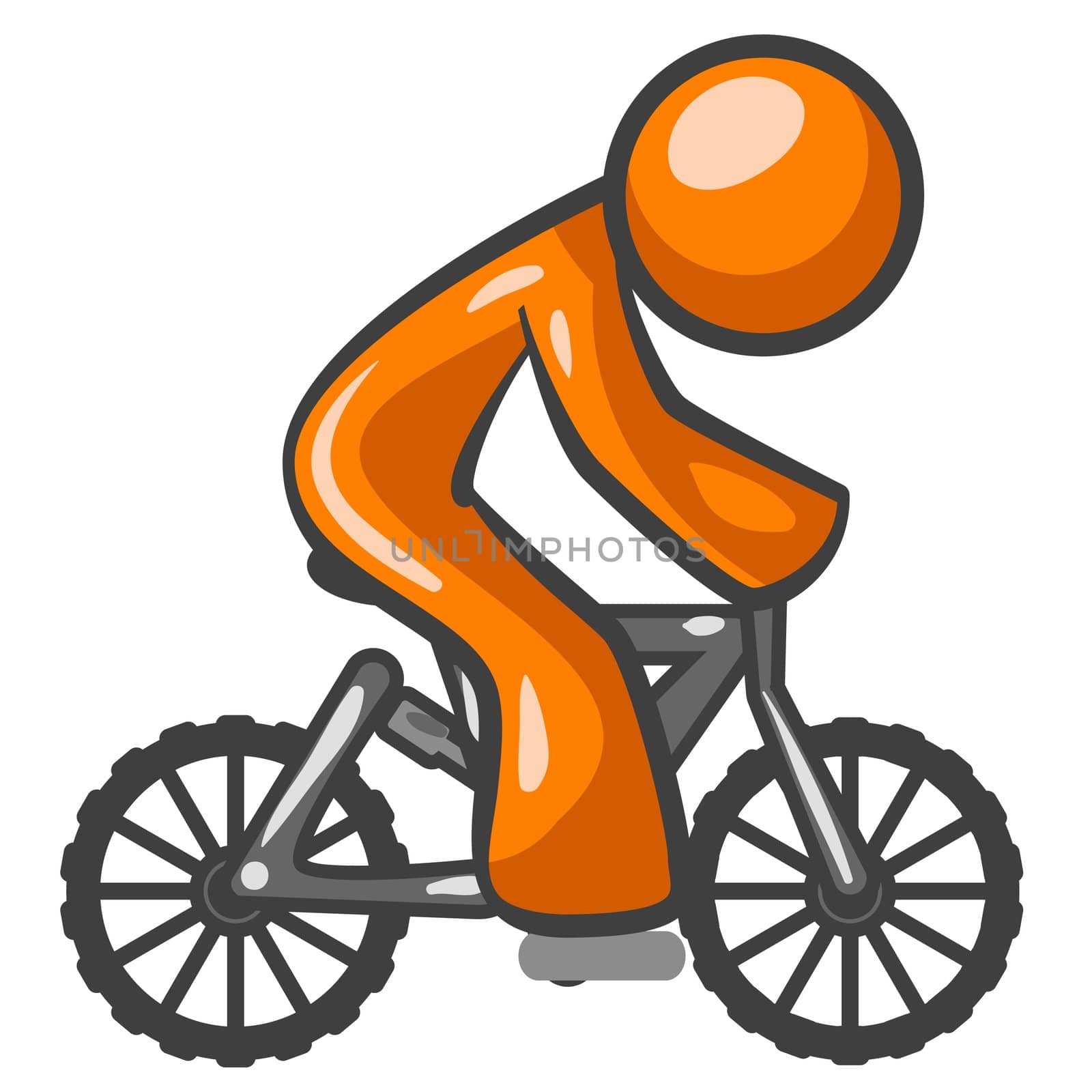 An orange man riding a mountain bike, side view, for generic purposes.