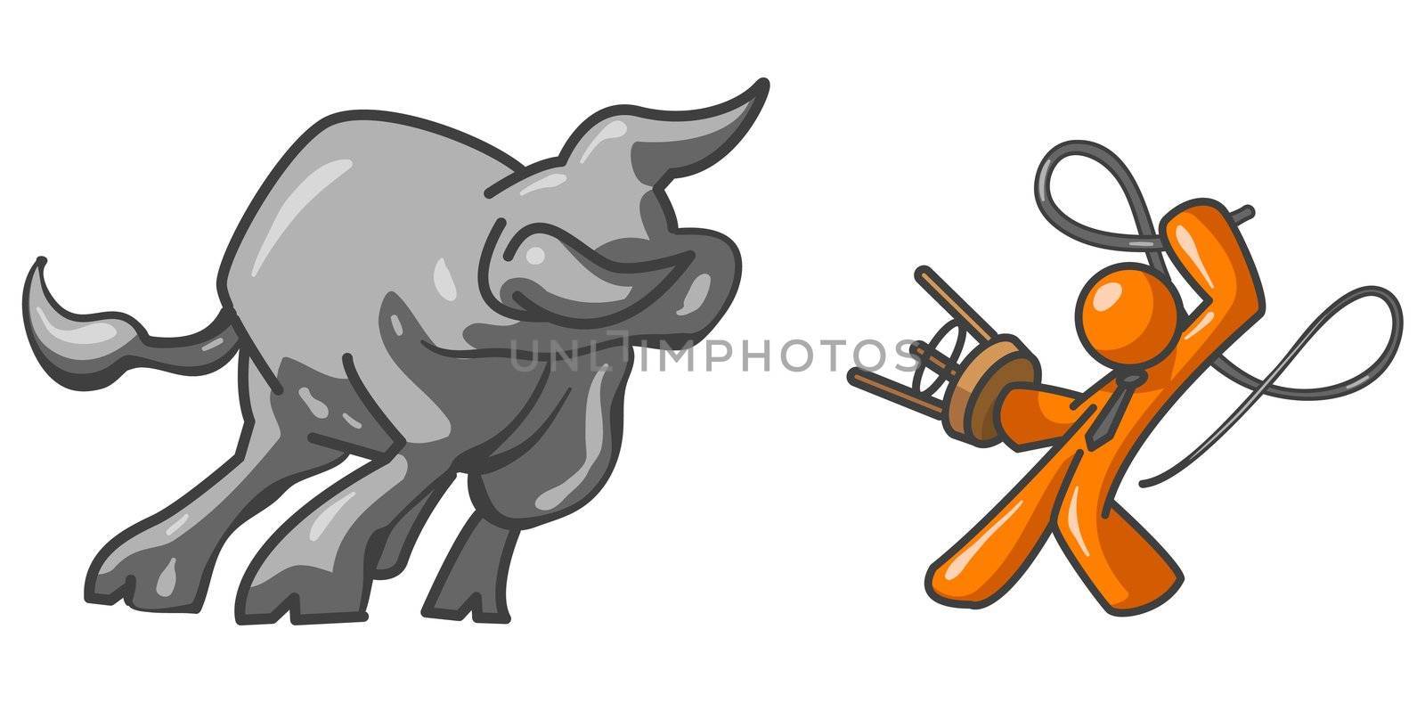 An orange man taming a very large metallic bull. The bull was created as a symbol for the stock market. 