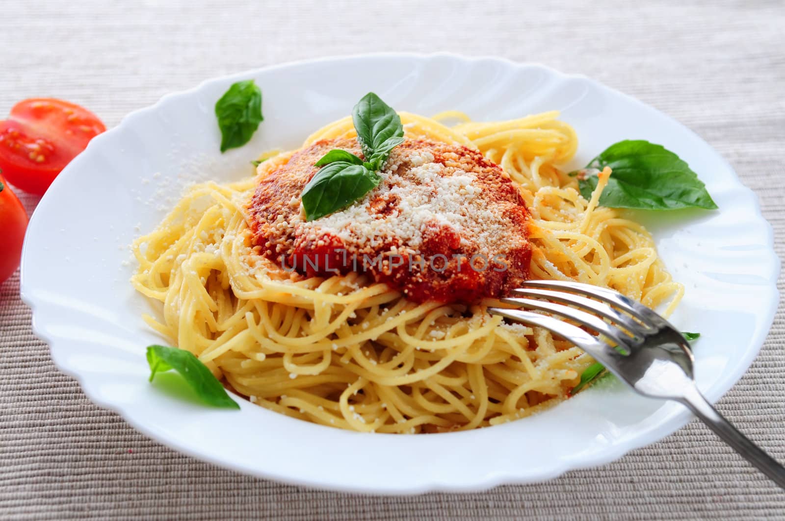 Big plate of pasta with tomato basil sauce and parmesan