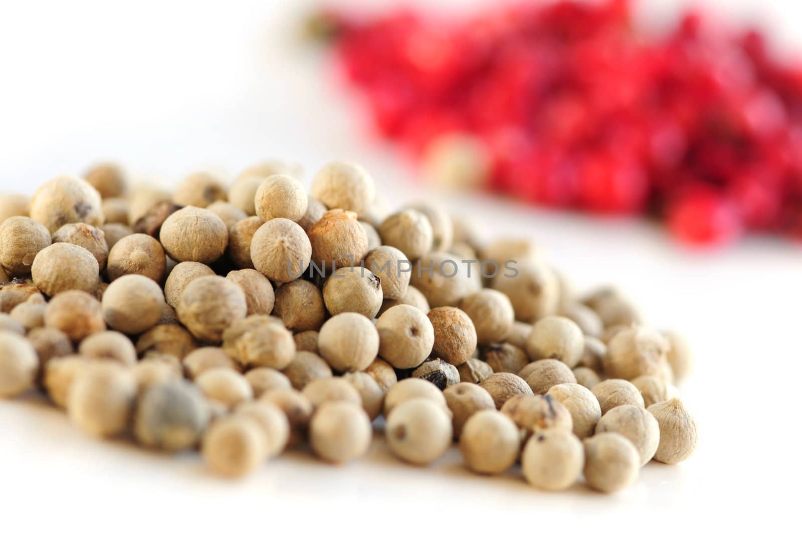 Heaps of white and red peppercorns on white background