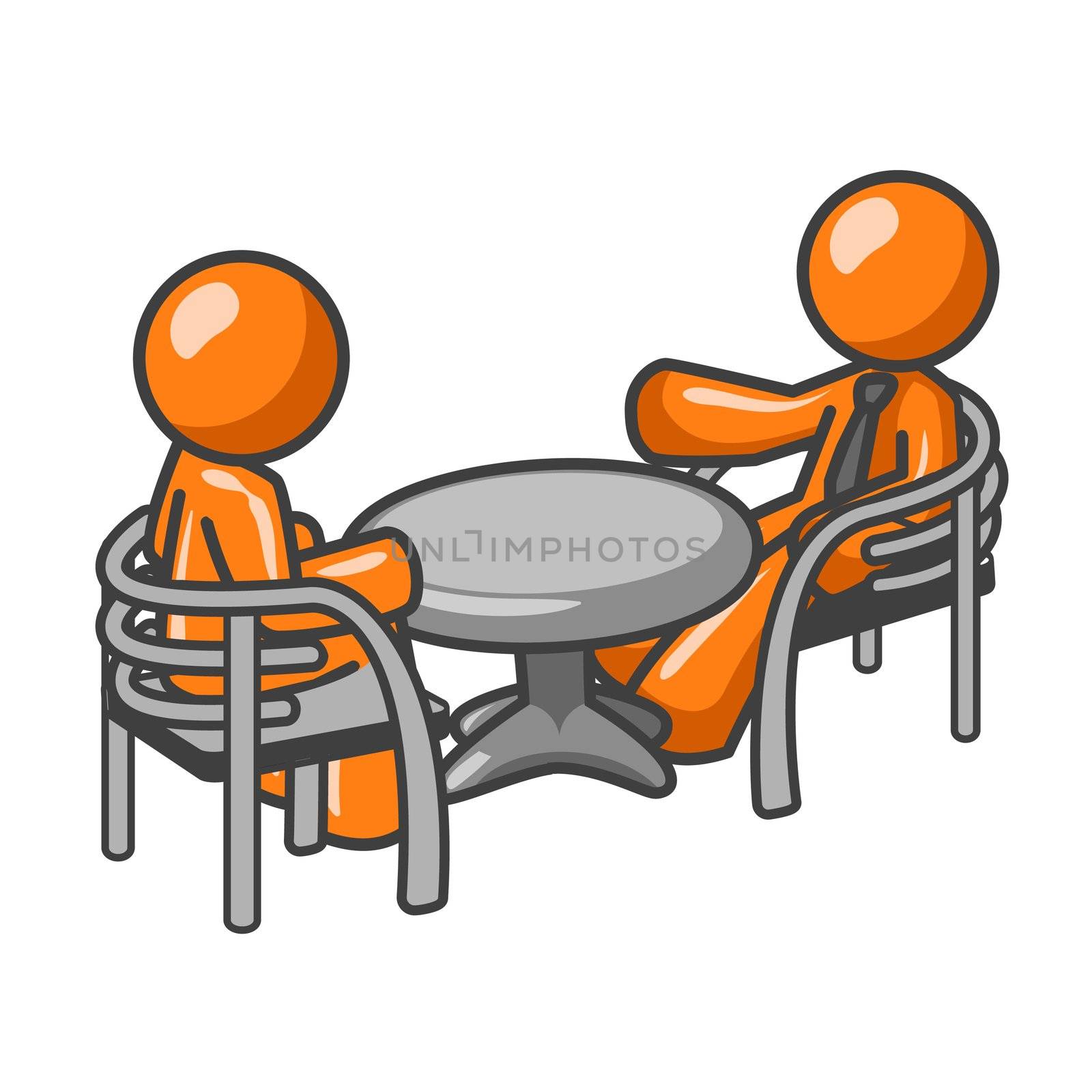 Two orange men at a table consulting over matters. 