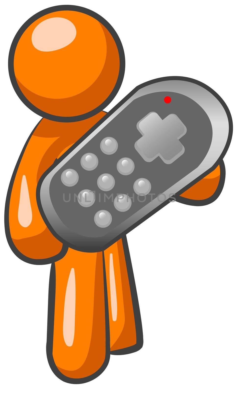 An orange man holding a remote controller. 