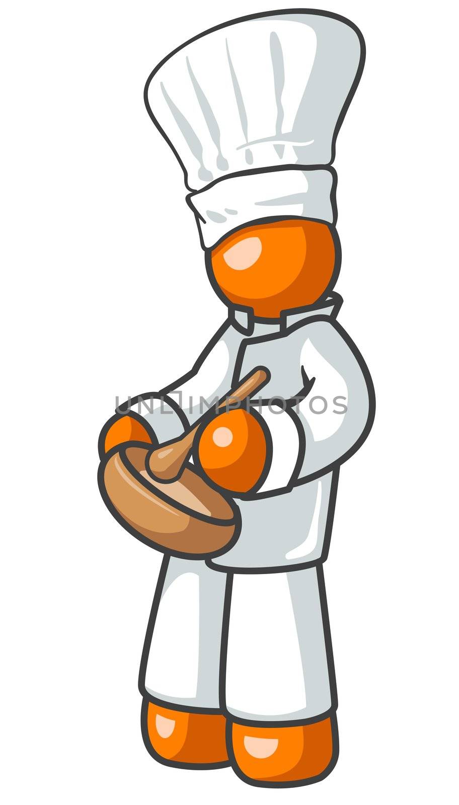 An orange man cook creating a special recipe while looking at the viewer. 