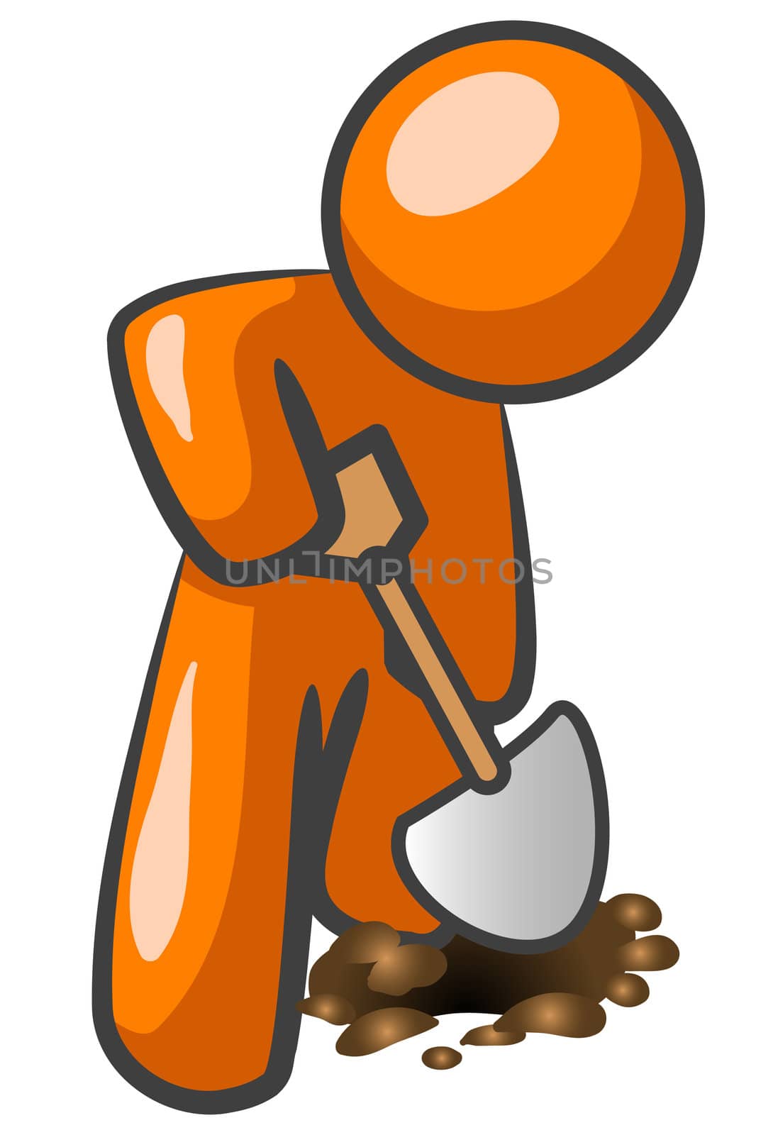 An orange man digging in the ground. 