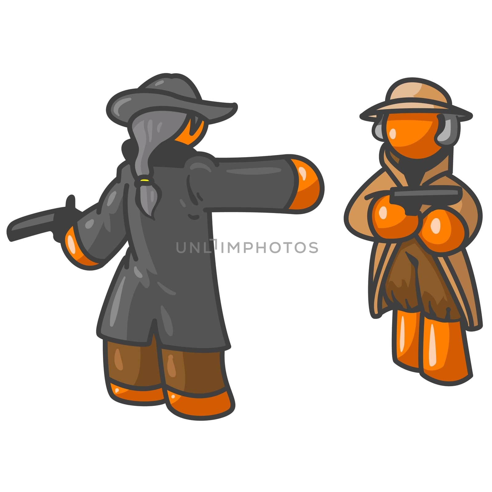 Two orange men ready to have a duel, or perhaps the are speaking to eachother on how to use guns properly. 