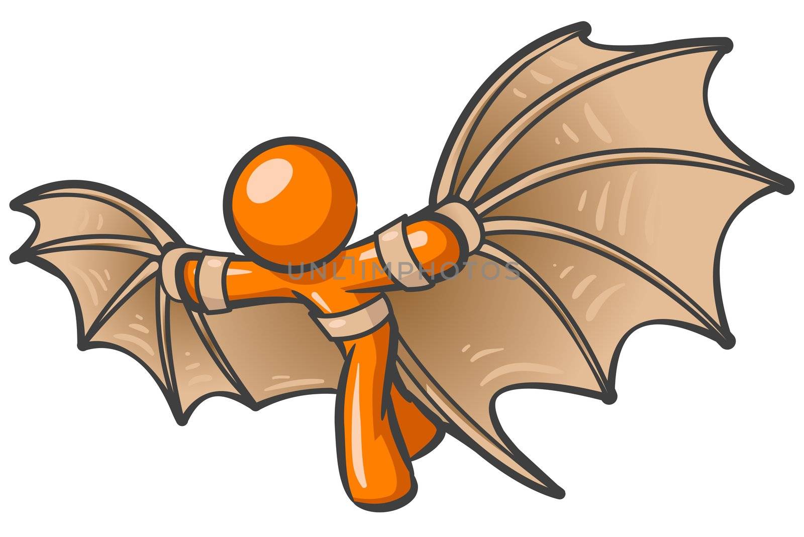 An orange man using a flying contraption he invented, in the style of old da vinci type drawings. 