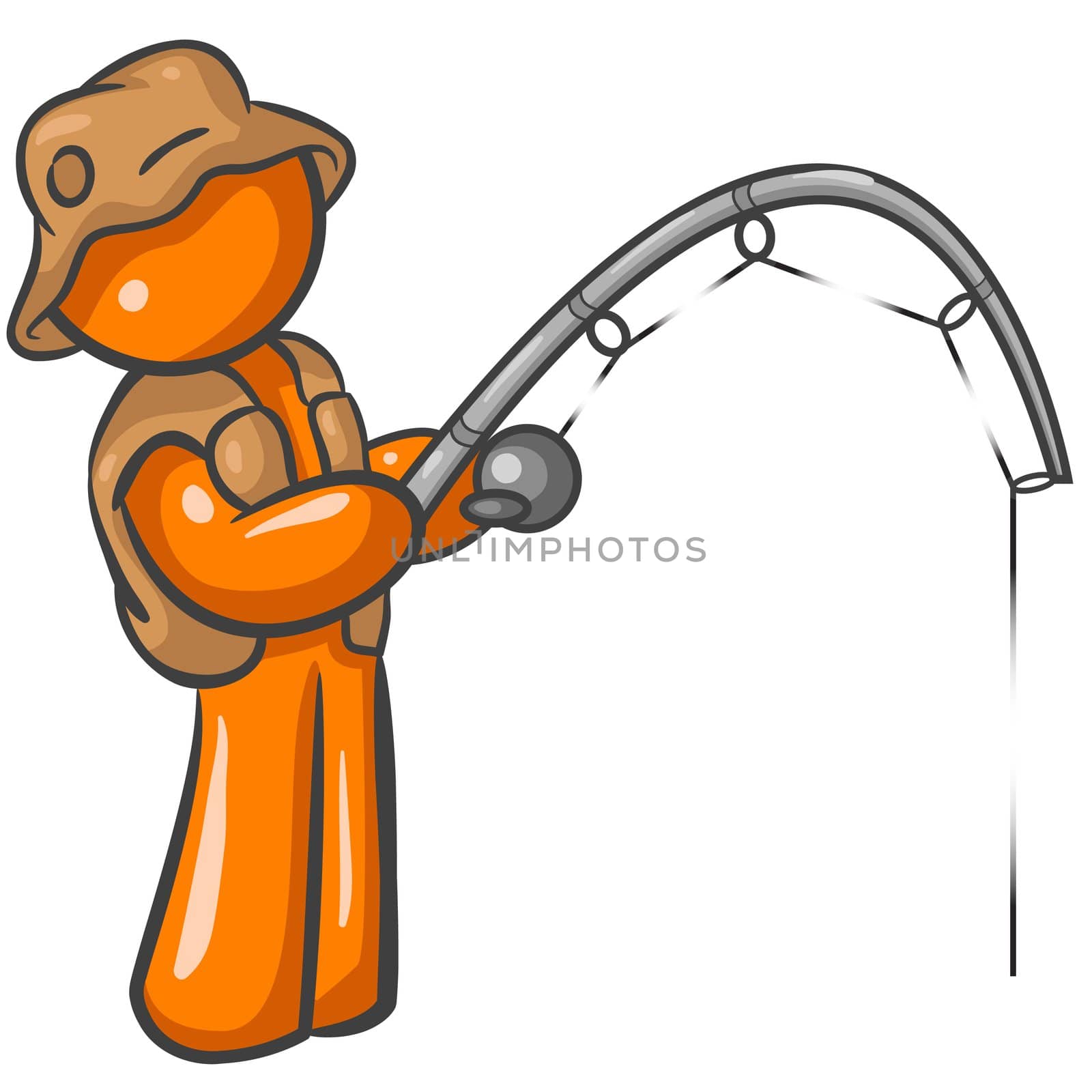 Orange Man holding a pole and fishing with a cute hat and vest. 