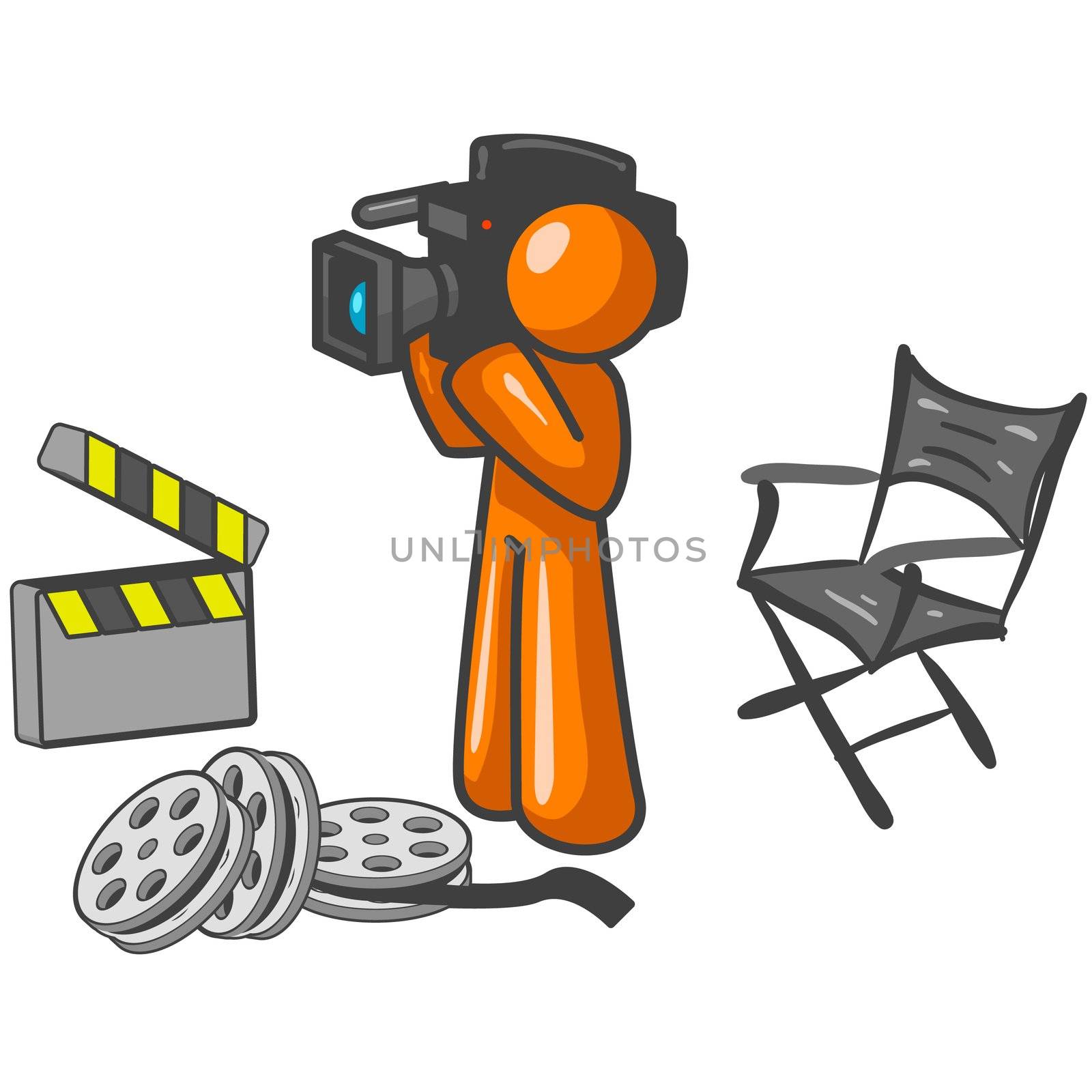 An orange man with a camera and some reels, filming some footage or a movie. 