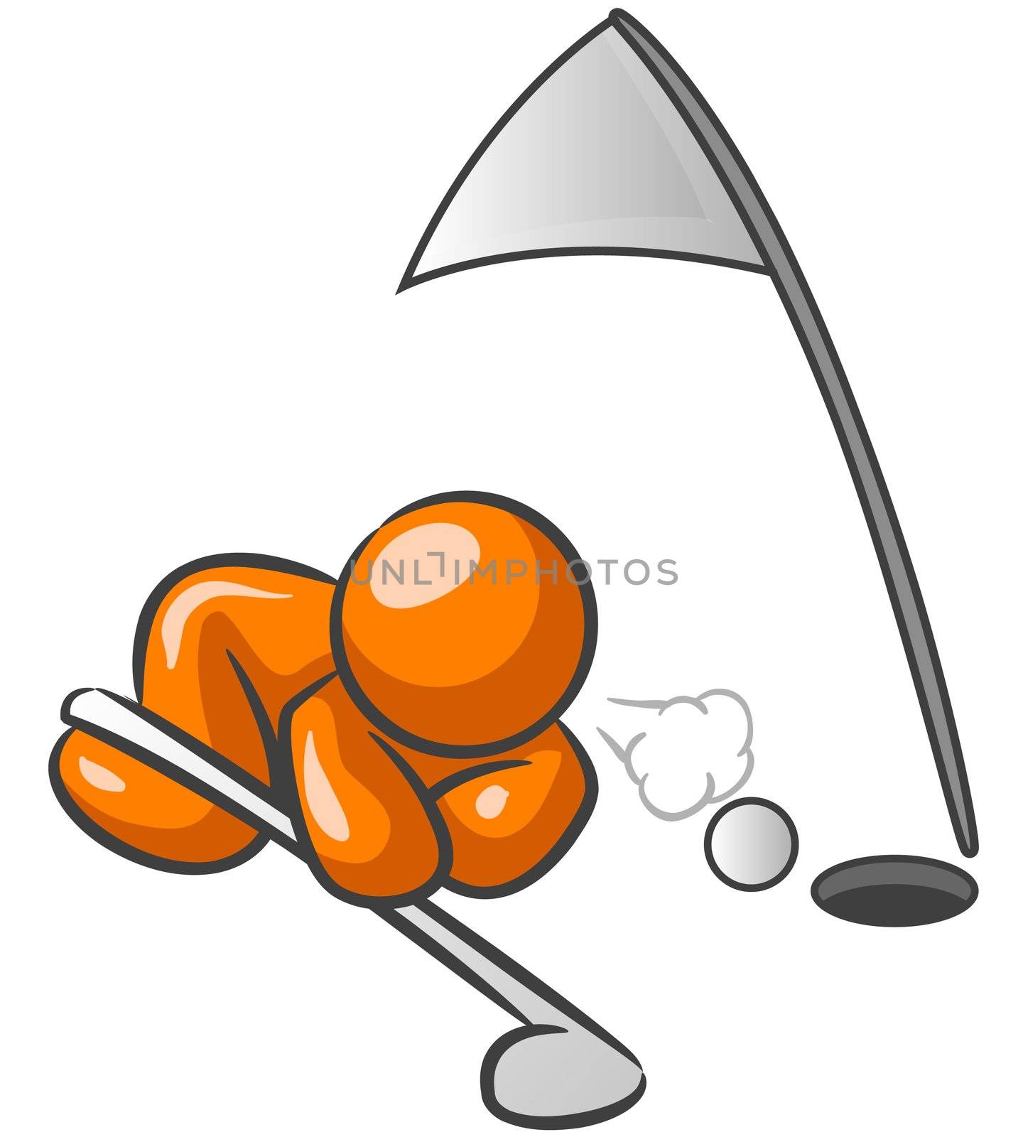 Orange Man blowing a golf ball into a hole. He is obviously cheating. 
