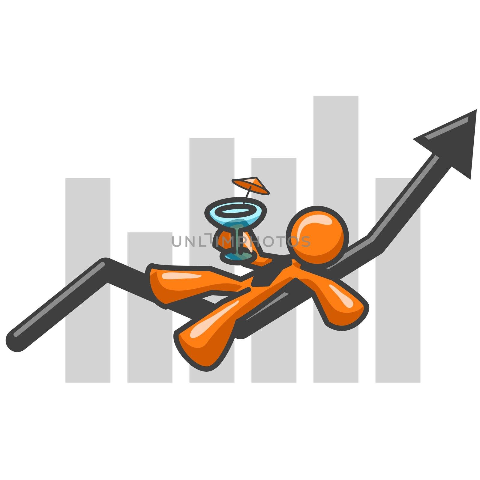 An orange man holding a drink apparently happy about his sales as shown by the back bar graph.