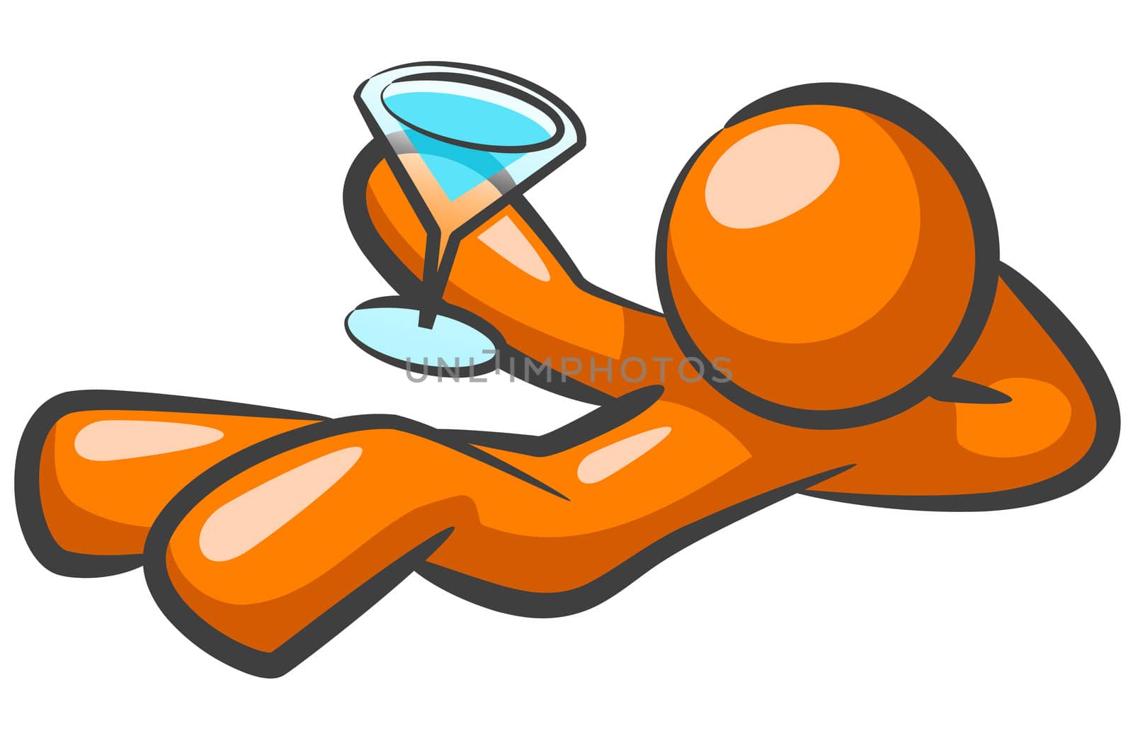 An orange man laying back with a drink and looking relaxed and happy. 