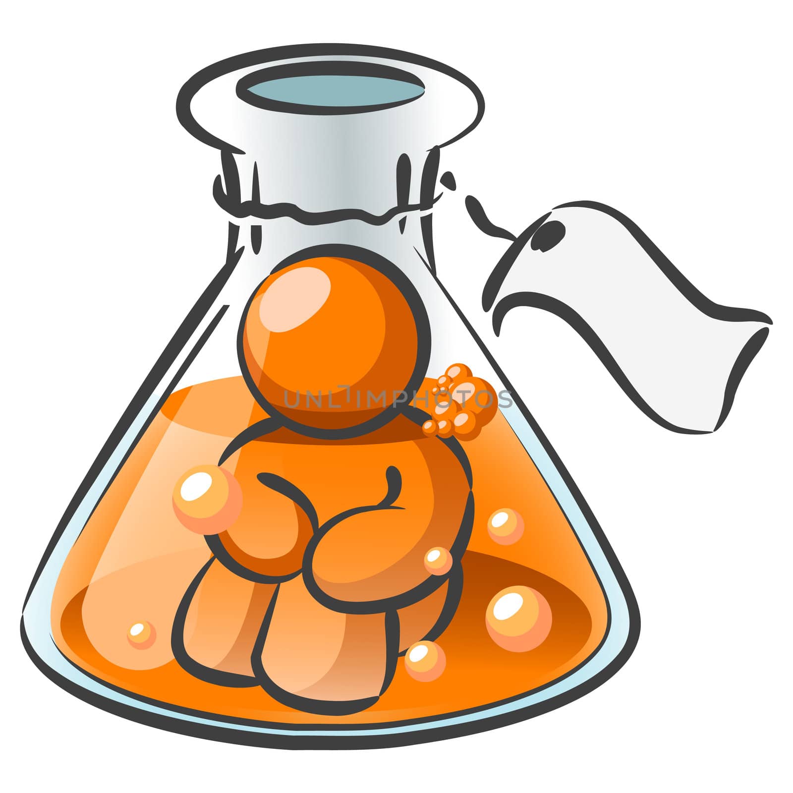 An orange man sitting inside of a beaker. His head is too big to get out of it. He's trapped. 