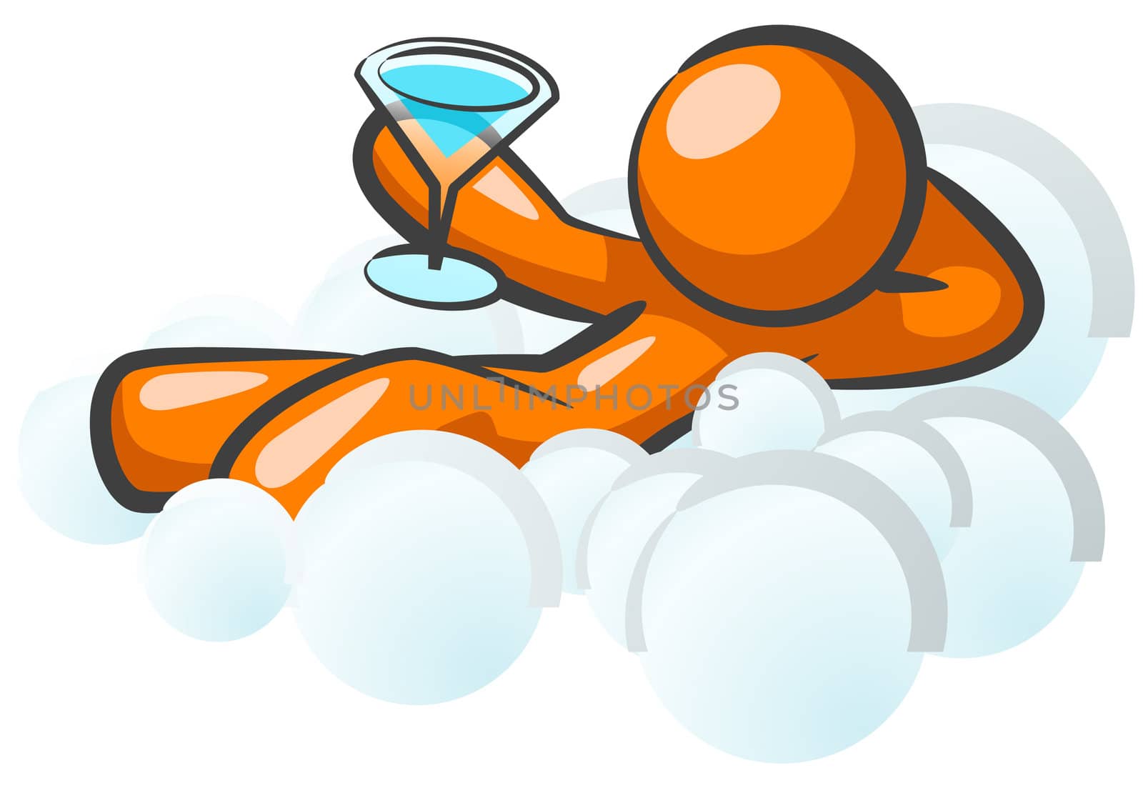 An orange man sitting in the clouds, holding a drink, happy. 