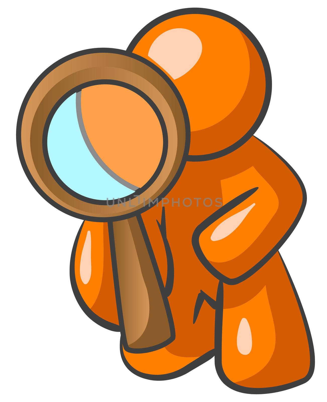 An orange man looking through a large magnifying glass toward the viewer. 
