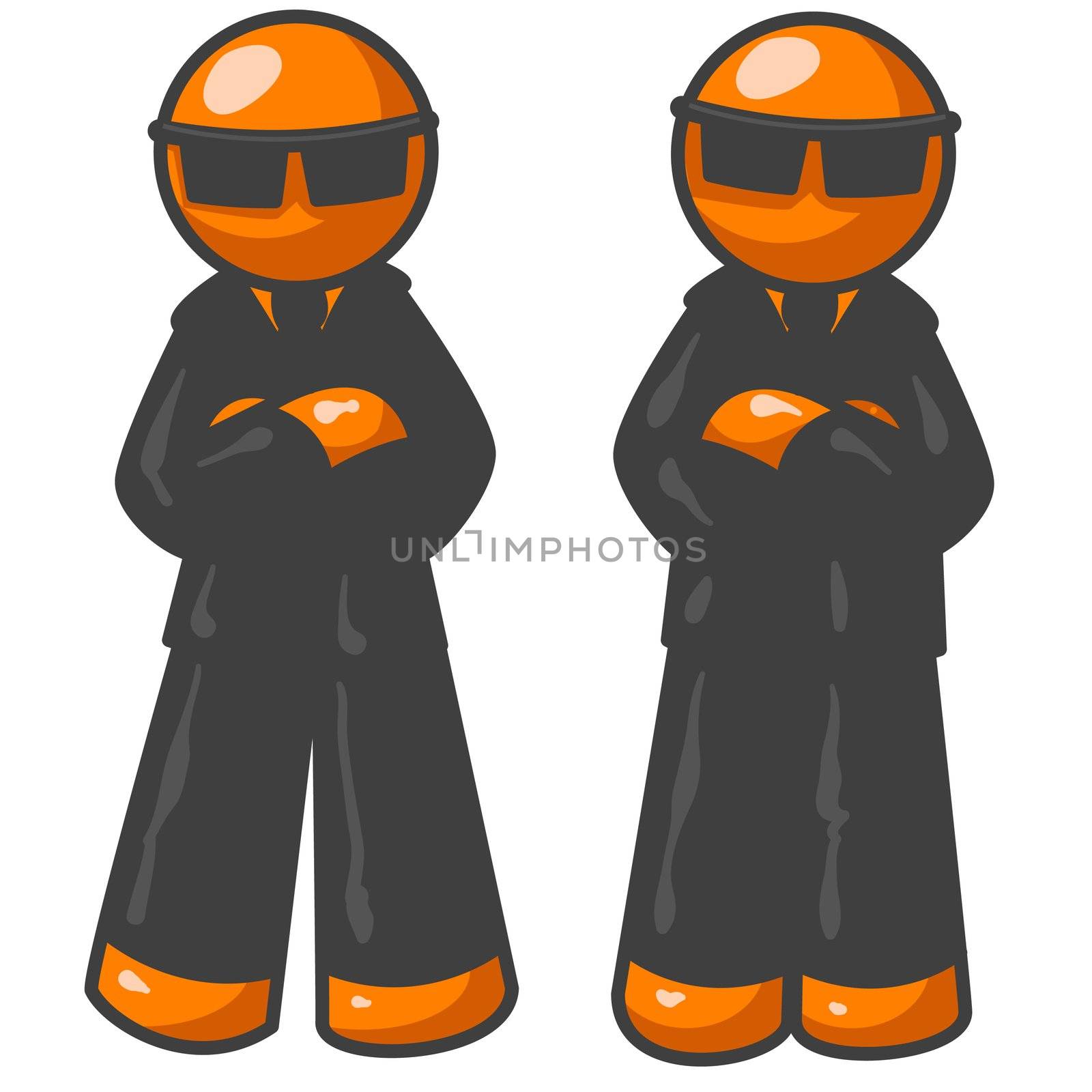 Two orange men wearing suits that are dark black. 