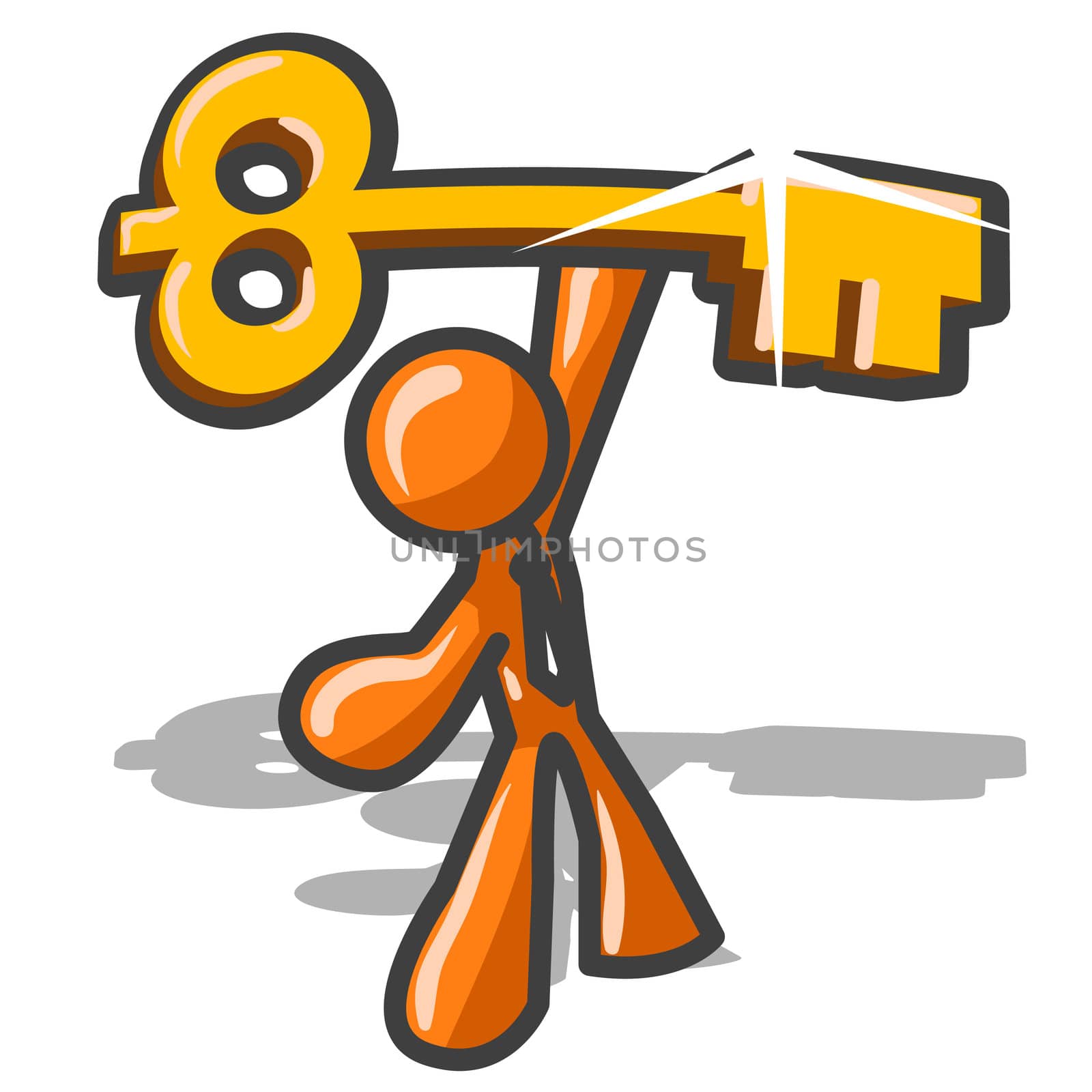 An orange man holding up the key to success in a mighty stance. 
