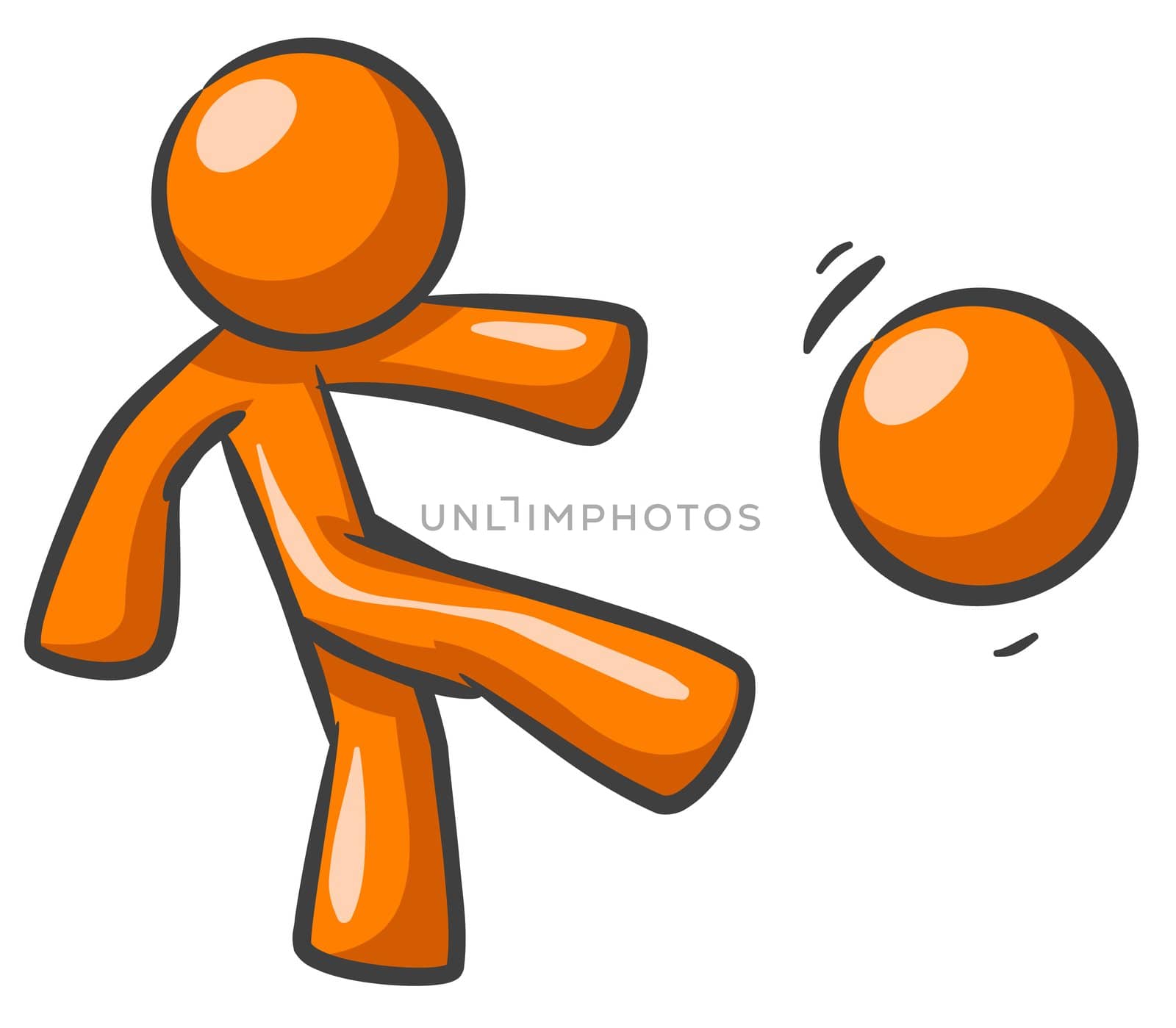 Orange Man kicking a ball or the head of another orange man. 