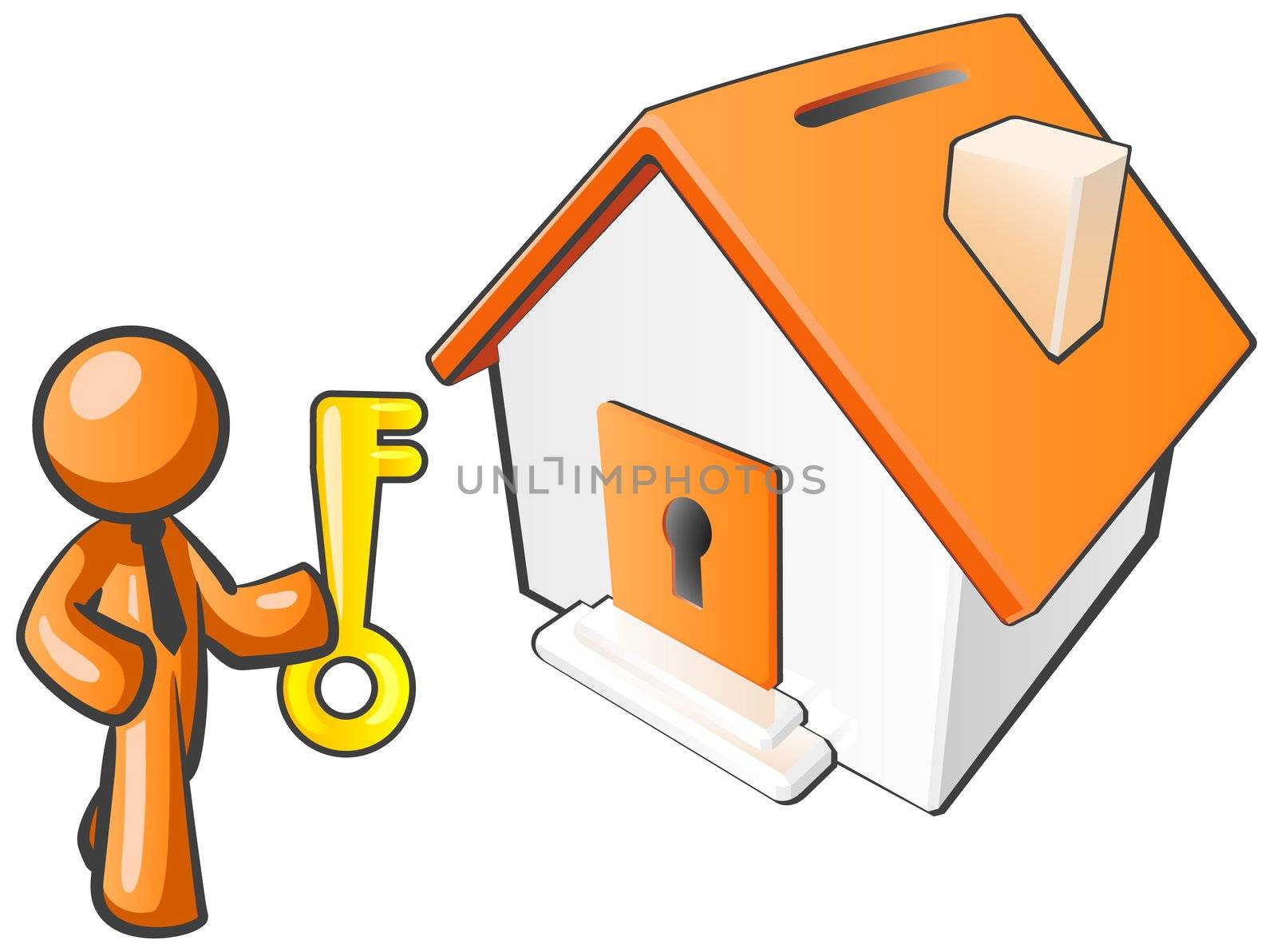 An orange man with a key to his new home, which amazingly is also orange. 