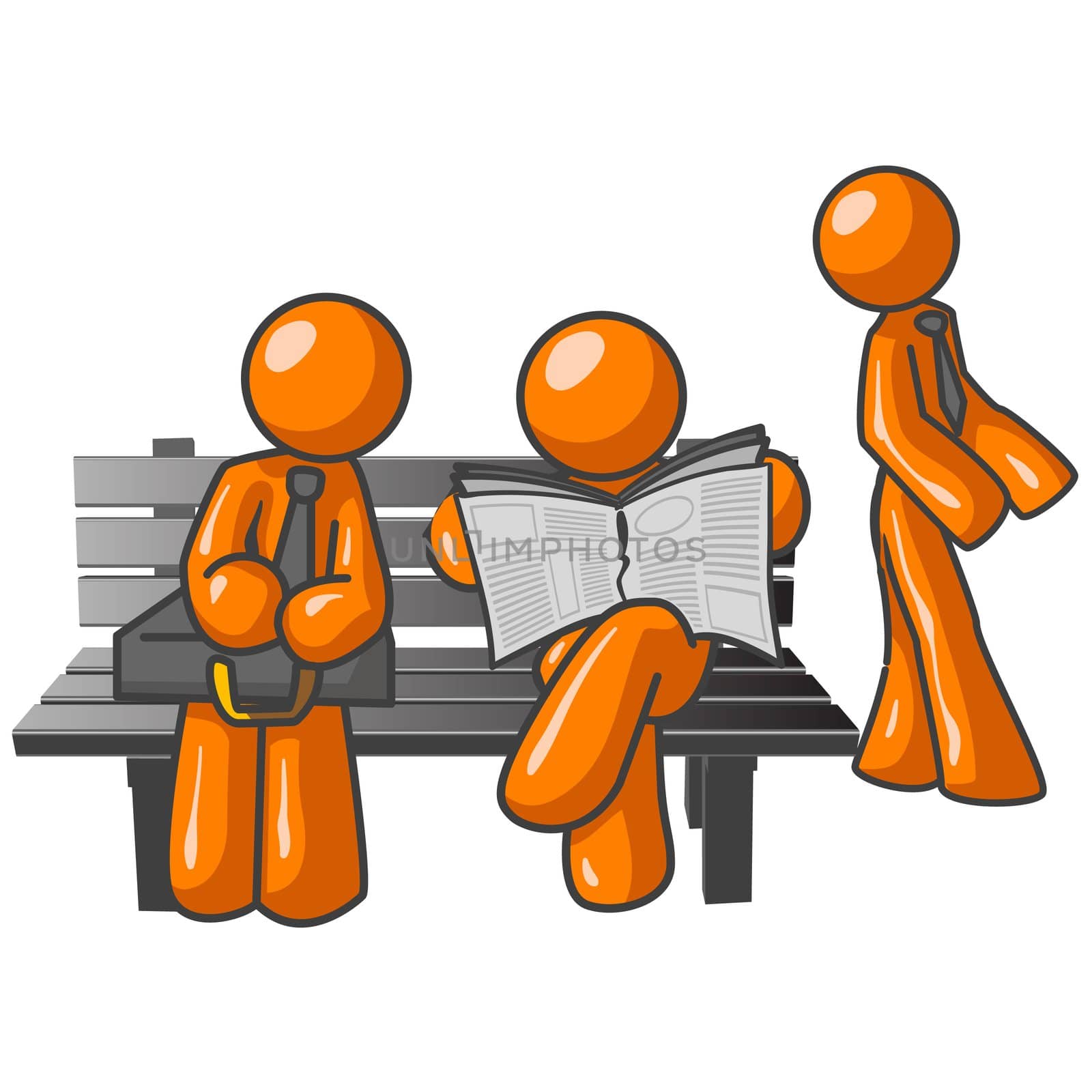 Three orange men, one with a newspaper, the other two interested in what he is reading. 