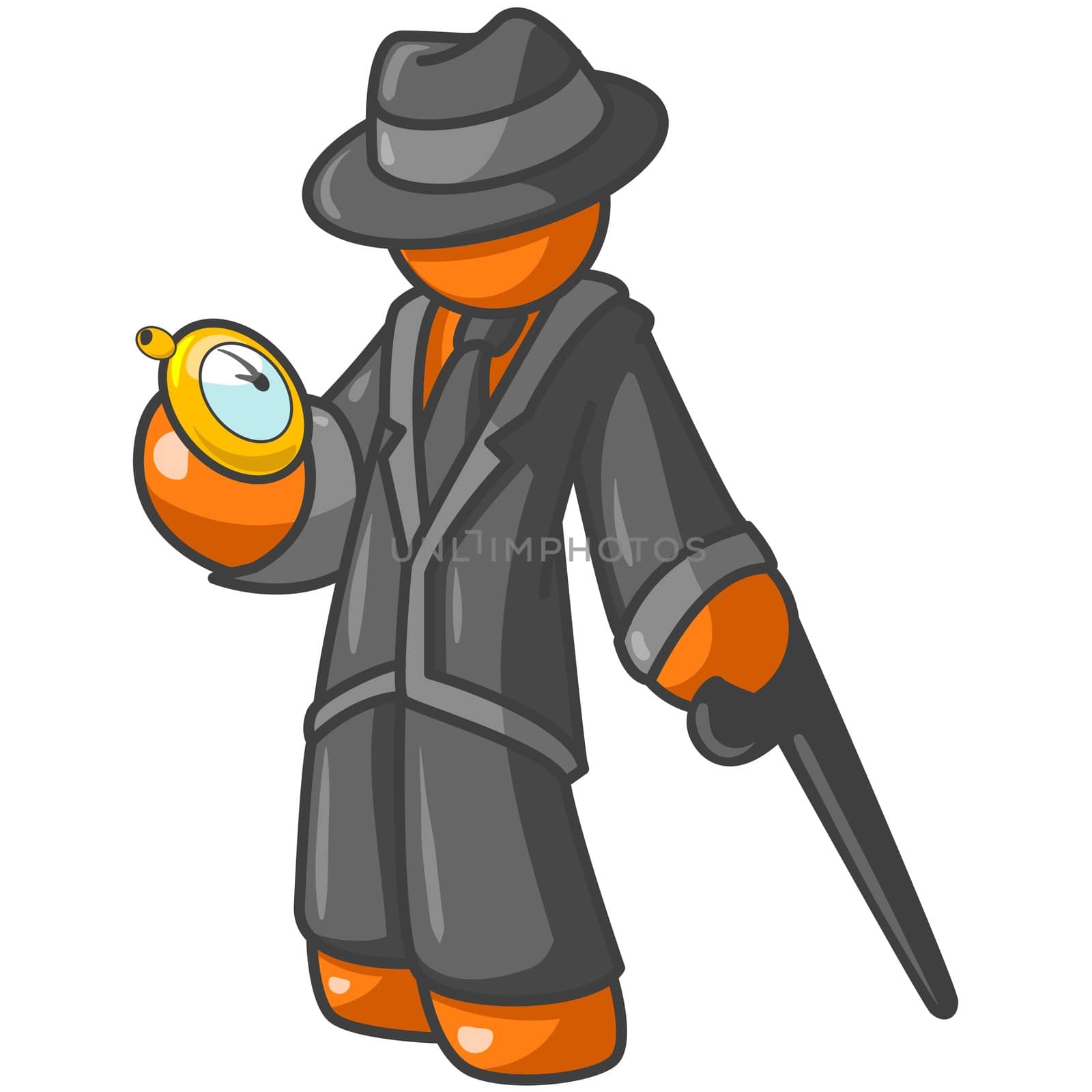 An orange man holding a stop watch while holding a stylish cane and wearing a hat. He looks good!