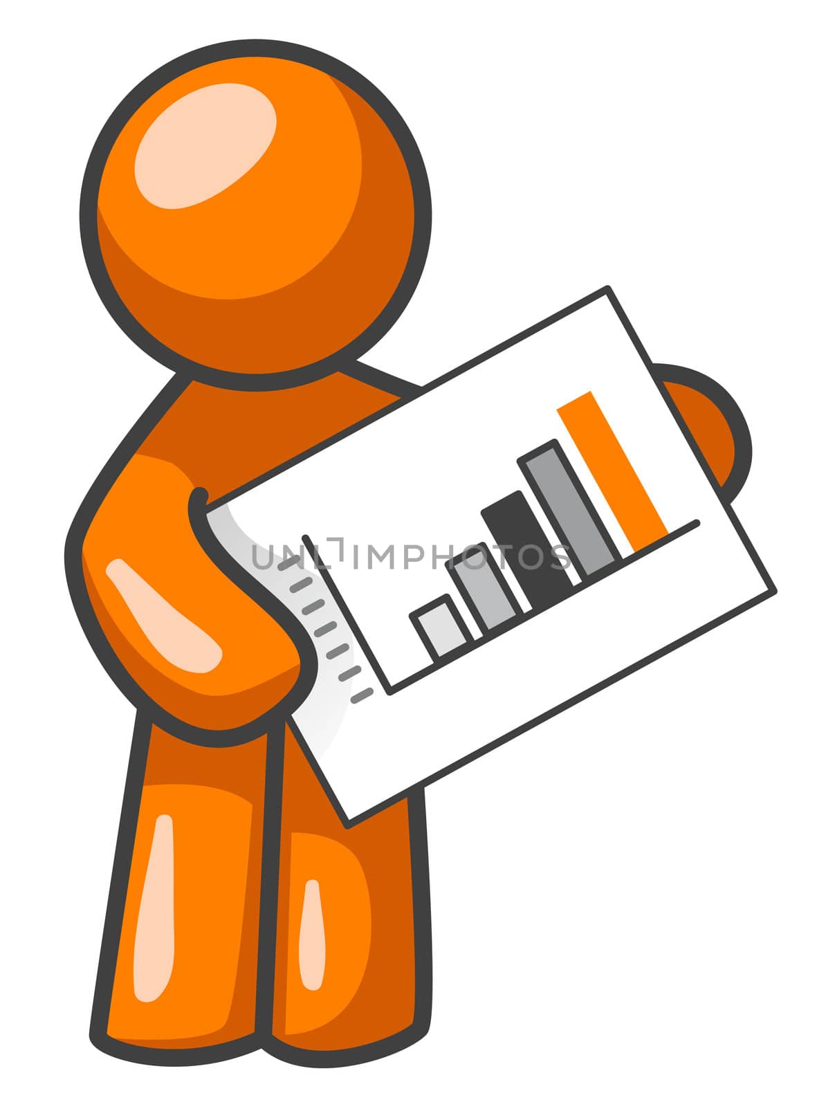 An orange man holding a bar graph, presenting it to you or your audience. 