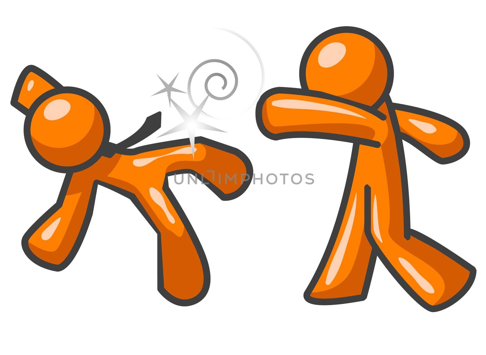 Two orange men fighting. One is punching the other. The other is falling down.